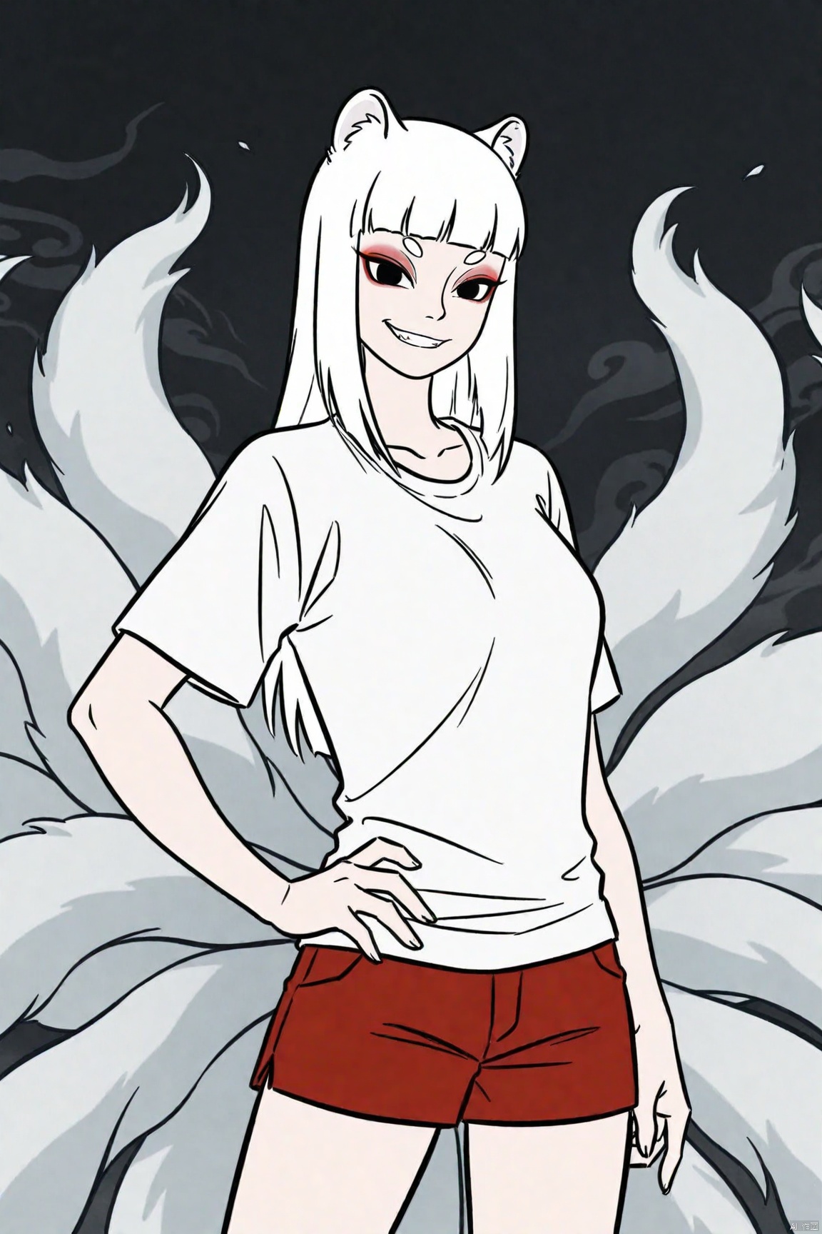 1girl, White shirt, Red shorts,jiuyue,black eyes,animal ears,kyuubi,evil grin,alternate universe,eyeshadow,busty,short white hair