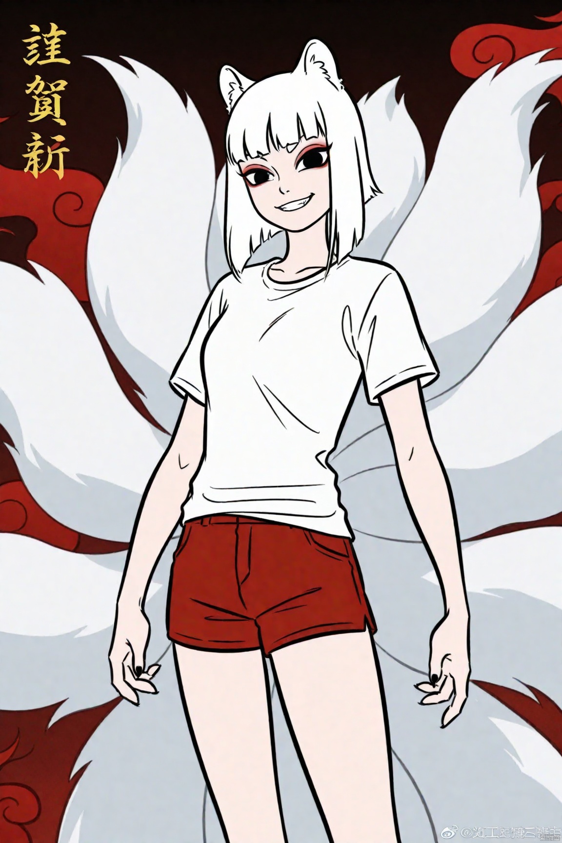 1girl, White shirt, Red shorts,jiuyue,black eyes,animal ears,kyuubi,evil grin,alternate universe,eyeshadow,busty,short white hair,