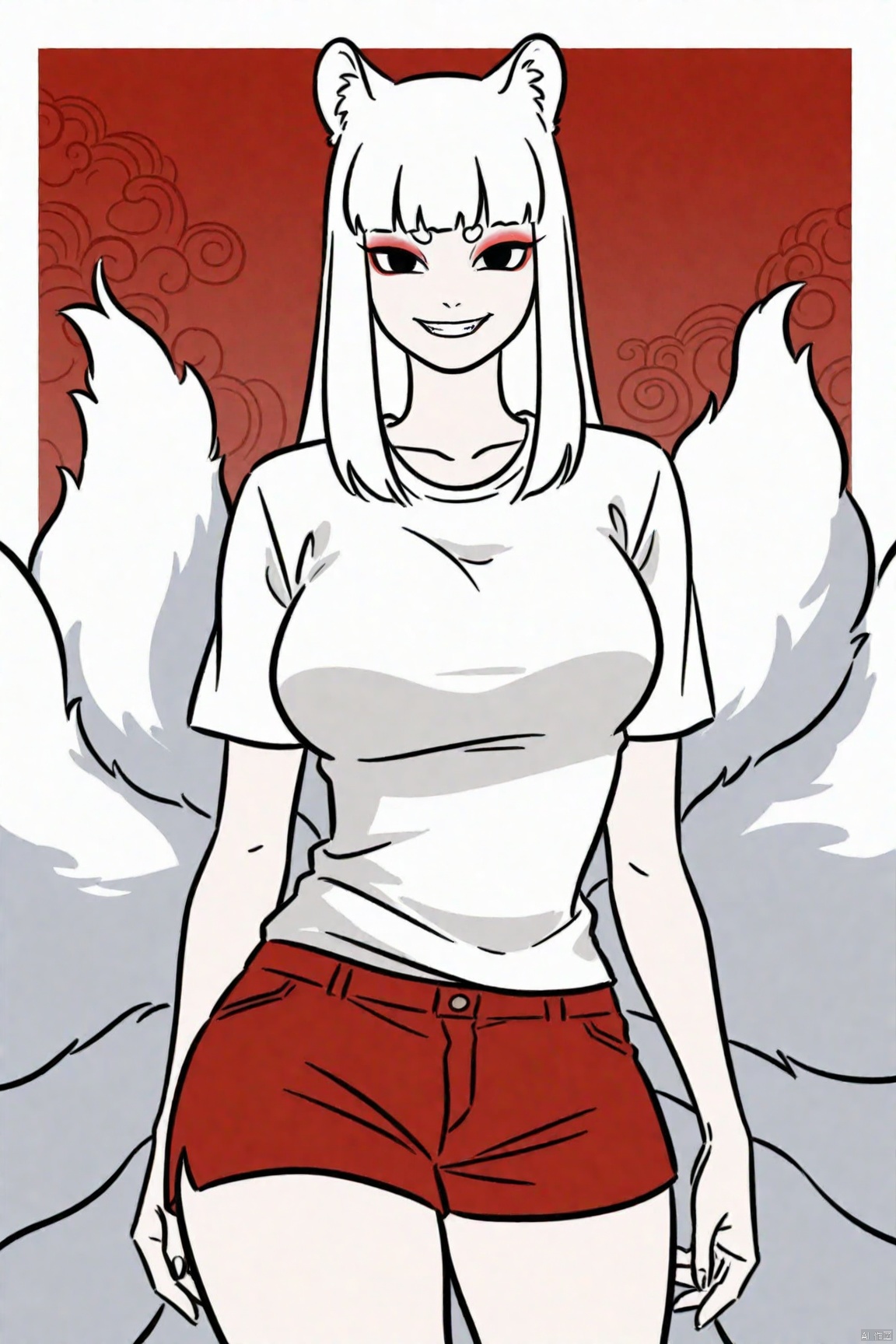 1girl, White shirt, Red shorts,jiuyue,black eyes,animal ears,kyuubi,evil grin,alternate universe,eyeshadow,Curvy,short white hair,
