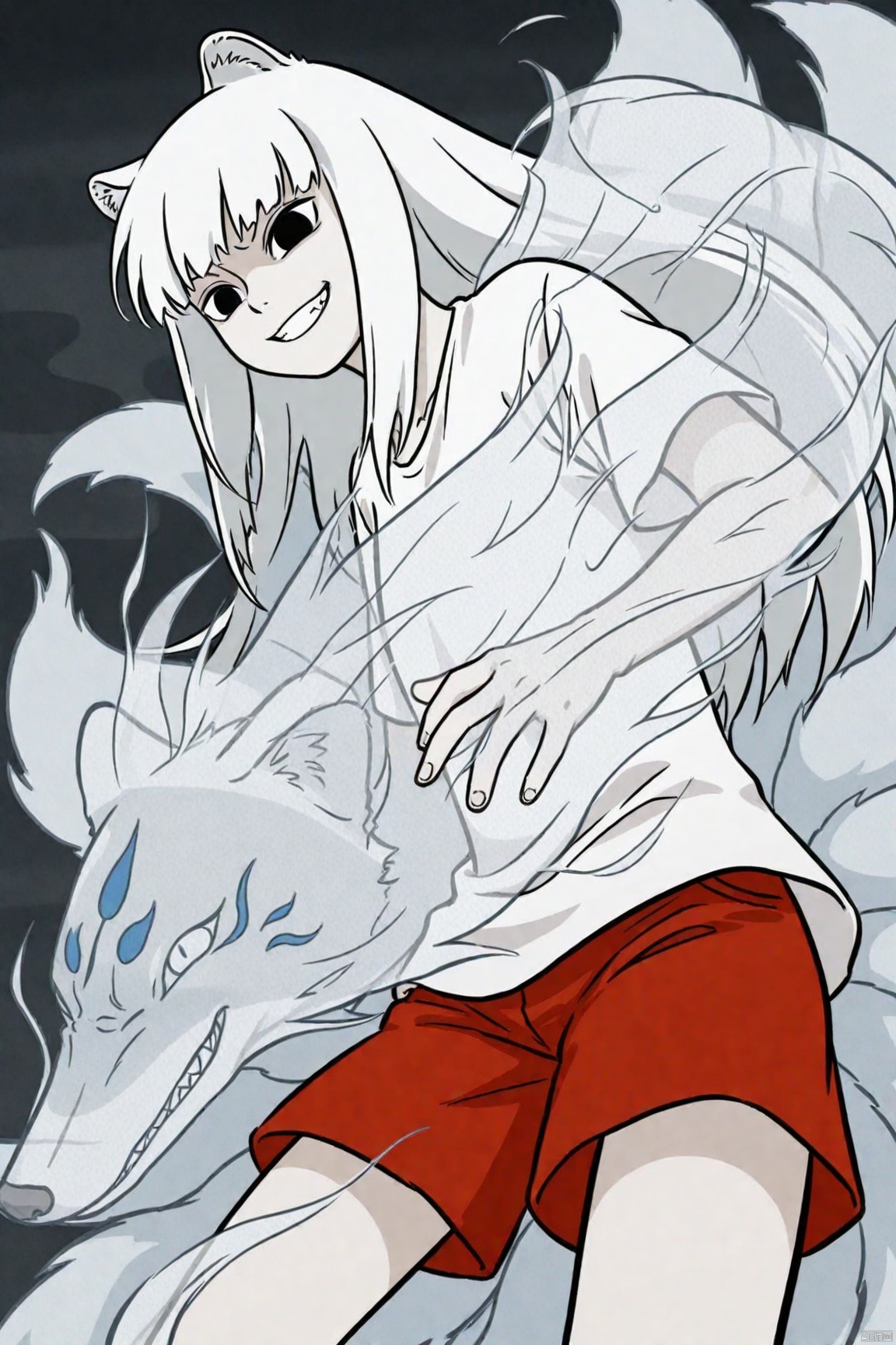 1girl, White shirt, Red shorts,transparent,jiuyue,long white hair,black eyes,animal ears,kyuubi,evil grin