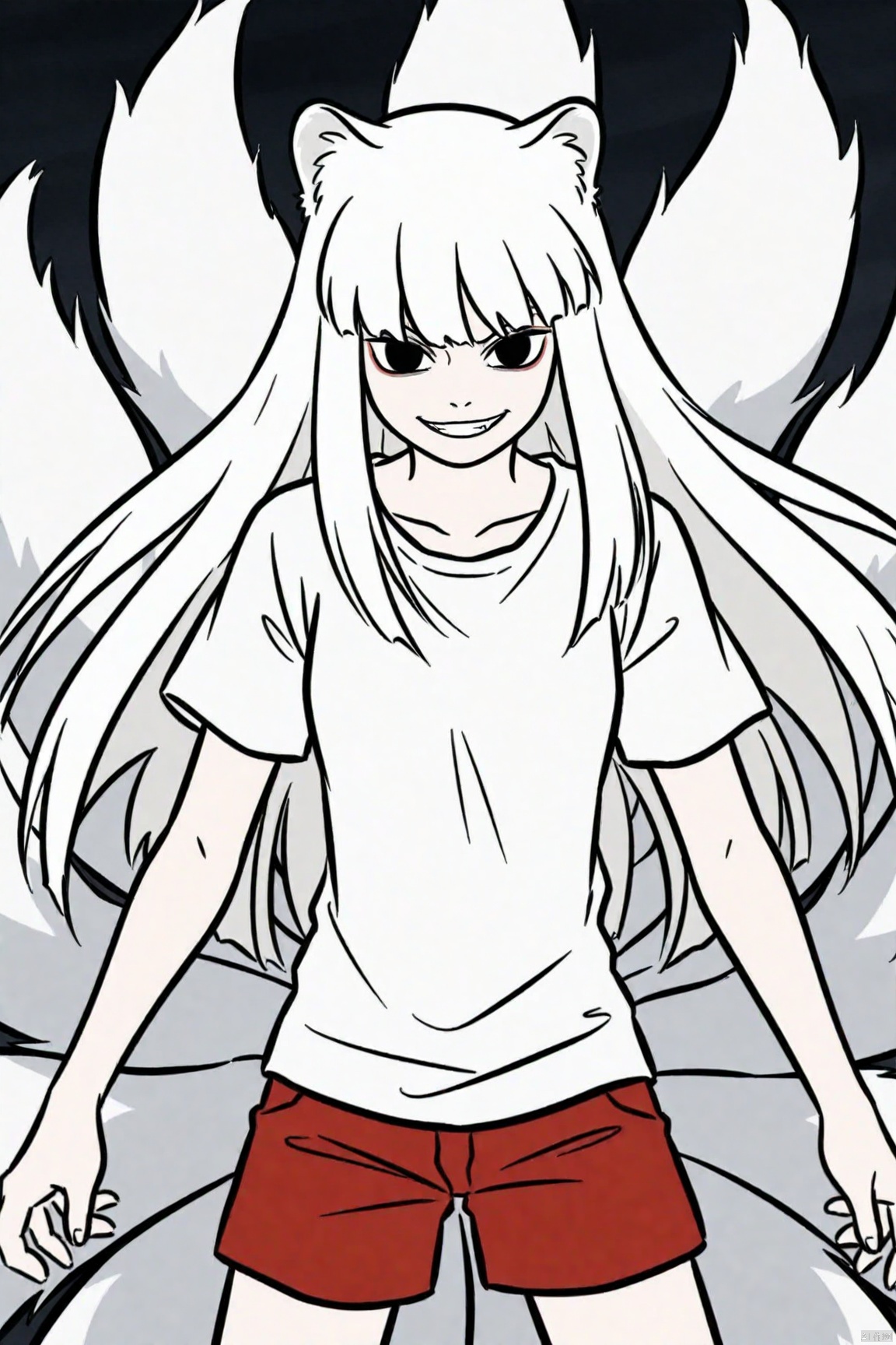 1girl, White shirt, Red shorts,jiuyue,long white hair,black eyes,animal ears,kyuubi,evil grin,alternate universe