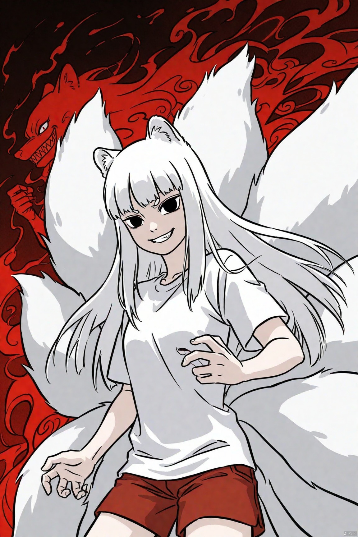 1girl, White shirt, Red shorts,jiuyue,long white hair,black eyes,animal ears,kyuubi,evil grin