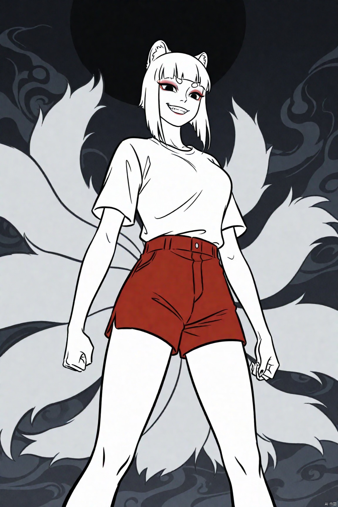 1girl, White shirt, Red shorts,jiuyue,black eyes,animal ears,kyuubi,evil grin,alternate universe,eyeshadow,busty,short white hair,