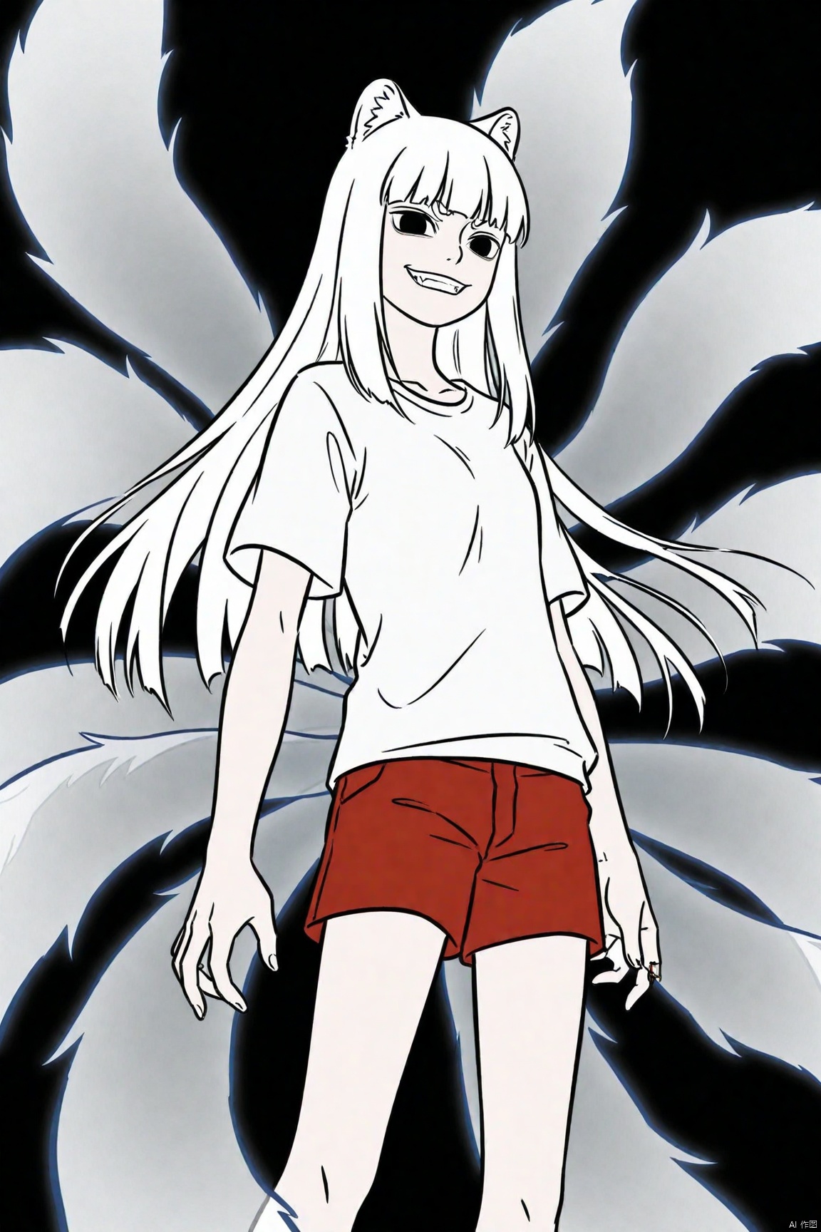 1girl, White shirt, Red shorts,transparent,jiuyue,long white hair,black eyes,animal ears,kyuubi,evil grin
