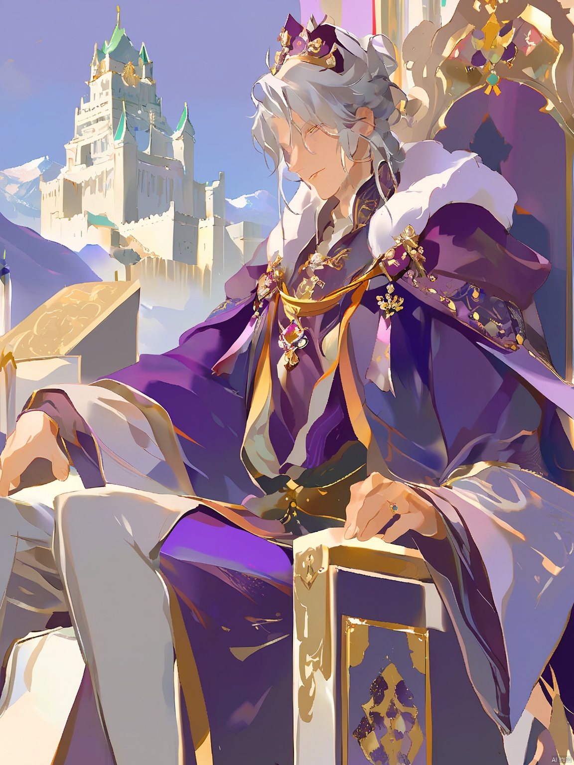 GYCH, a noble, regal figure, with silvery gray hair and deep amethyst eyes, dressed in a royal purple and gold robe adorned with jewels. The figure sits upon a throne, with a backdrop of grand castles and towering mountains.
