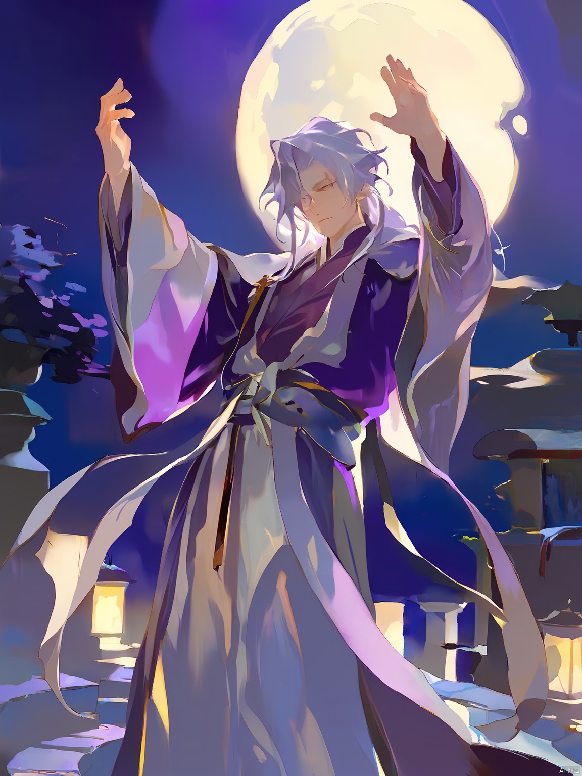 GYCH, Enigmatic and towering, with flowing silver hair and piercing violet eyes, he dons a deep purple and silver robe. The figure poses with both hands raised, casting shadows on a moonlit, cobblestone path.
