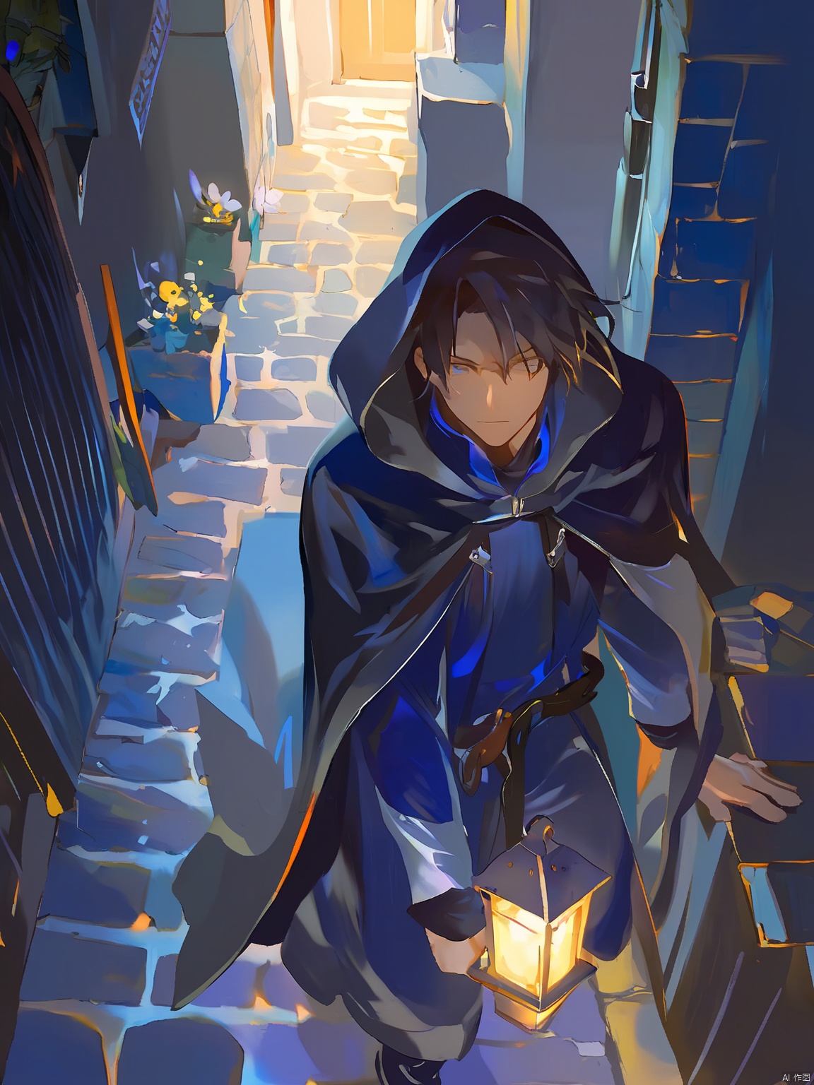 GYCH, Mysterious and hooded, with shadows obscuring dark hair and deep set, cobalt eyes, he dons a black and silver cloak. The figure steps forward, revealing a cobblestone alleyway lined with flickering torchlight.
