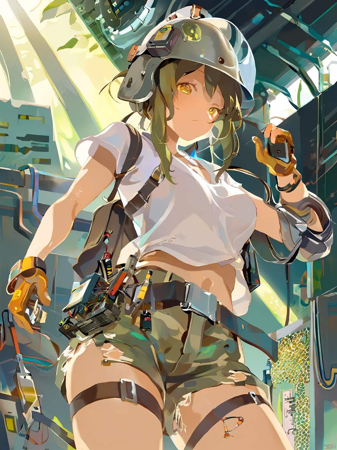 GYCH,The Chinese-style girl wore a pair of ripped camouflage shorts and a simple white T-shirt, with an old circuit board tied to her chest as a pendant. The skin is exposed to sunlight and carries light mechanical oils and dust. Wearing a steel helmet with a few scuffs on his head, a belt on his arm holding various tools

