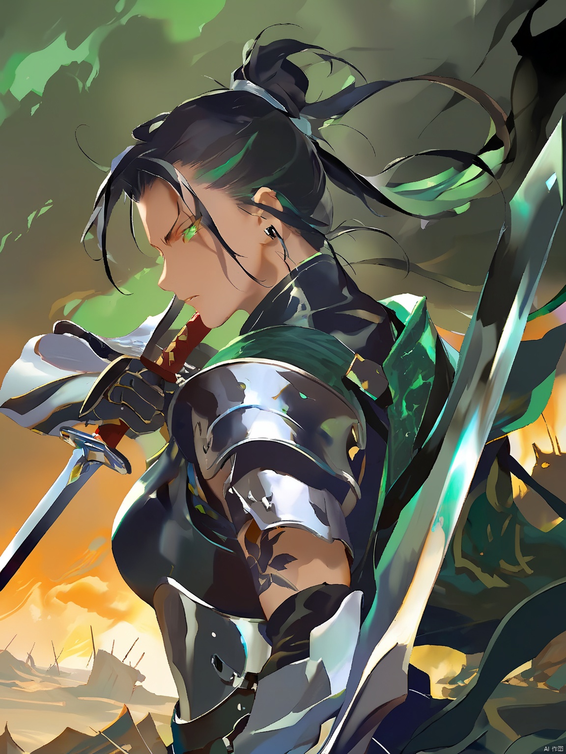 GYCH, a fierce, warrior-like figure, with jet black hair tied back and piercing emerald eyes, clad in armor of polished steel and dark green. The figure stands with sword drawn, facing an army of shadowy foes, with a backdrop of battle-scarred landscapes.

