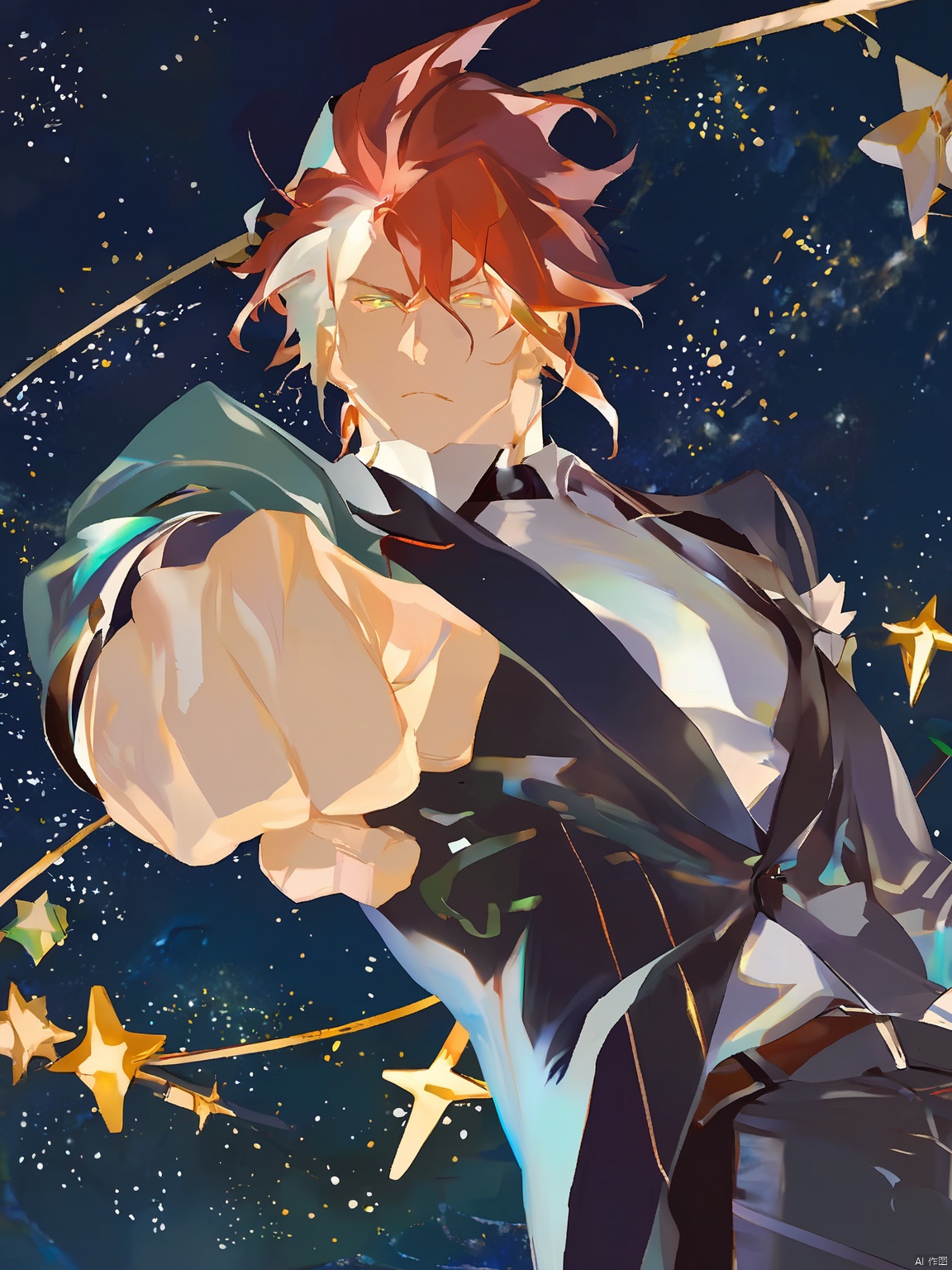 GYCH, a powerful, high-angle figure, he sports crimson hair and emerald eyes, clad in a sleek black and silver suit. The figure raises his right arm, fist clenched, against a starry night sky backdrop dotted with golden constellations.
