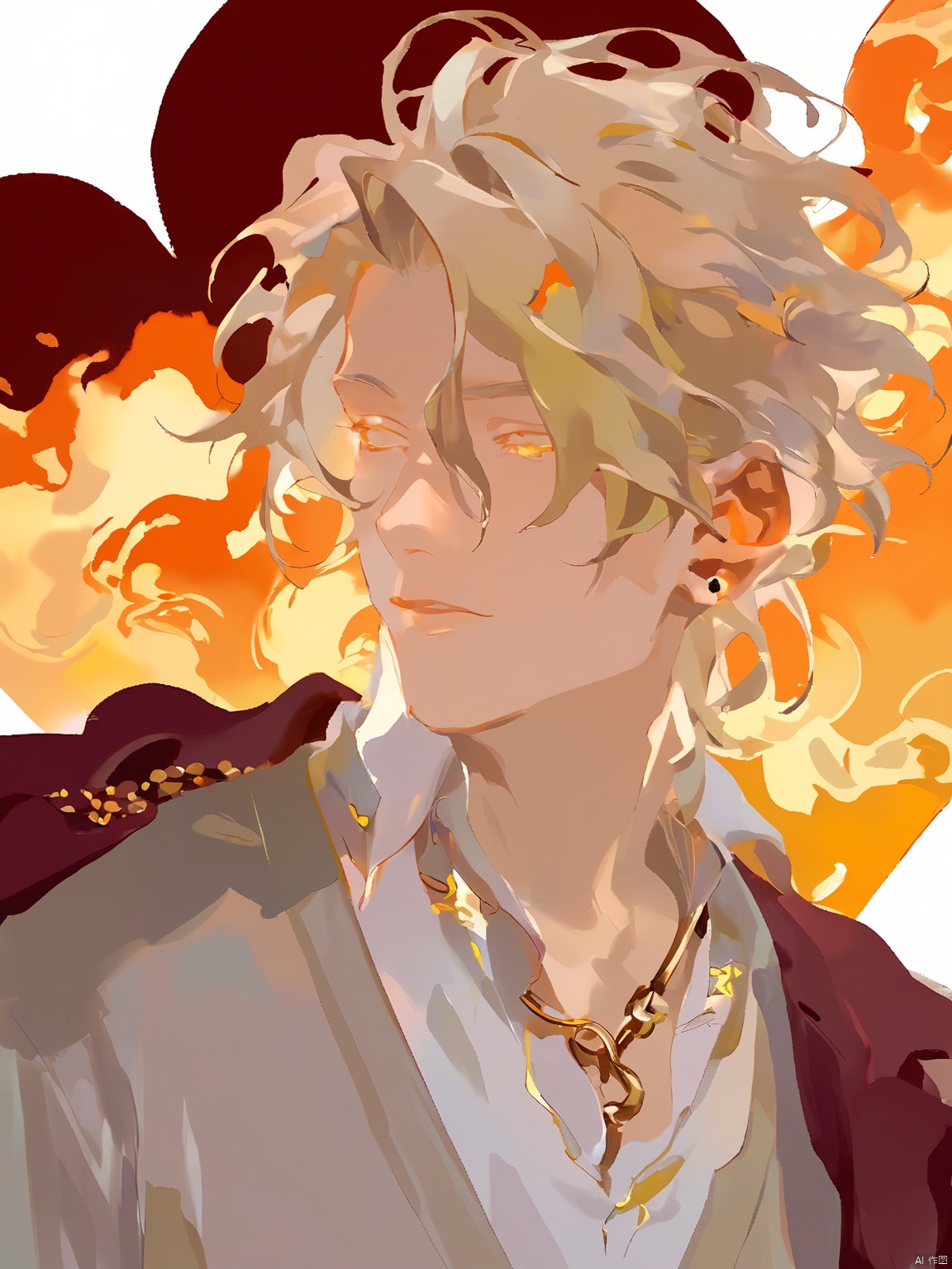 GYCH, 
 A young man with shoulder-length, wavy platinum blonde hair wore a deep maroon sweater over a white T-shirt, layered with a light grey cardigan. He looked introspective as he stared off into the distance. The backdrop was an abstract artwork with a fusion of fiery reds, oranges, and yellows. Around his neck was a delicate gold chain with a small, heart-shaped pendant, and his ears were pierced with simple, elegant silver studs. The dim, ambient lighting complemented his pale complexion.