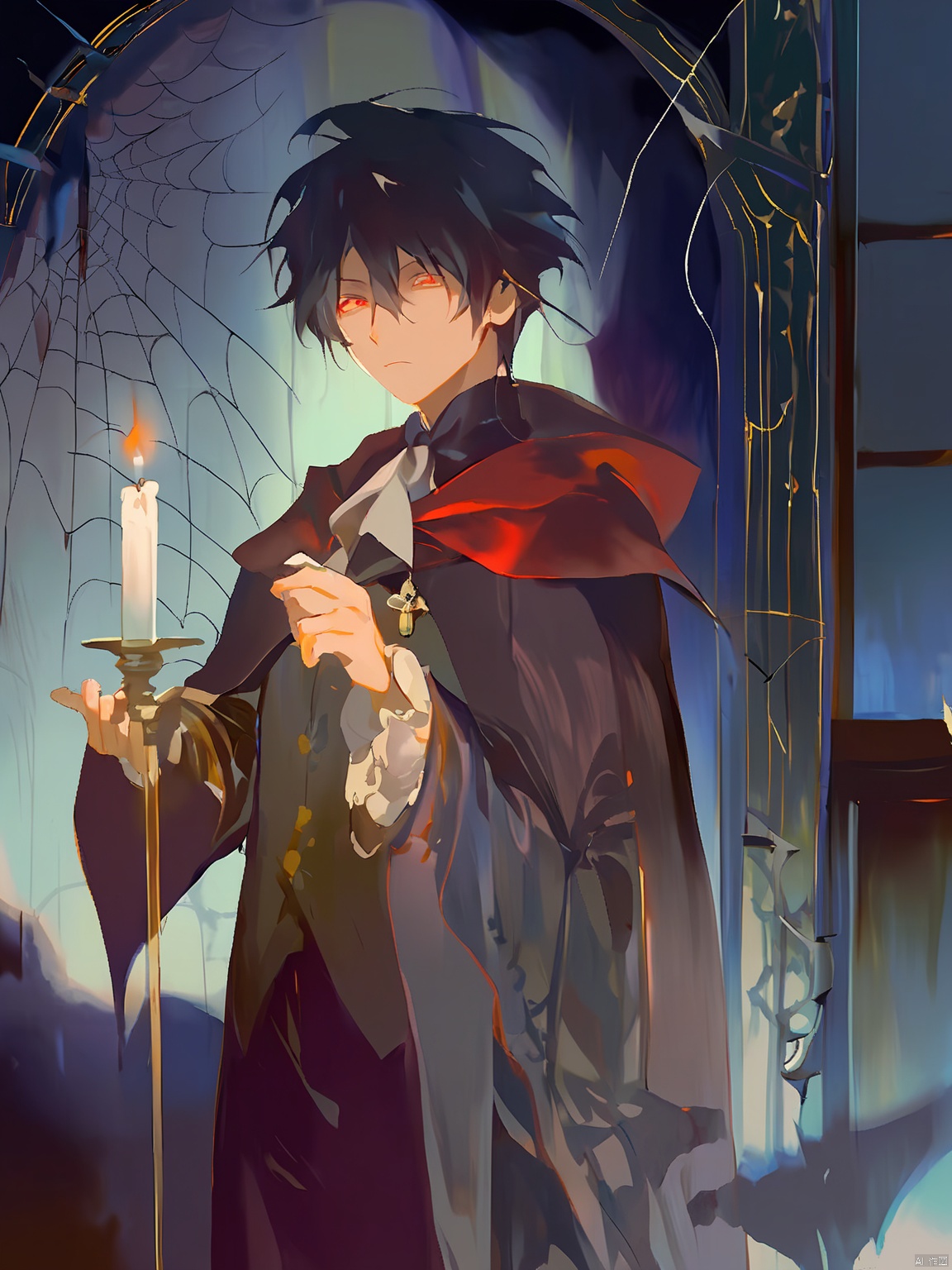 GYCH, 
depicting a mysterious anime boy with black hair and red eyes, dressed in a dark cloak and holding a candlestick. The background is a haunted mansion with eerie shadows and cobwebs. The lighting is dramatic and moody, enhancing the suspenseful atmosphere. The design respects the rule of thirds, with a faintly blurred background.
