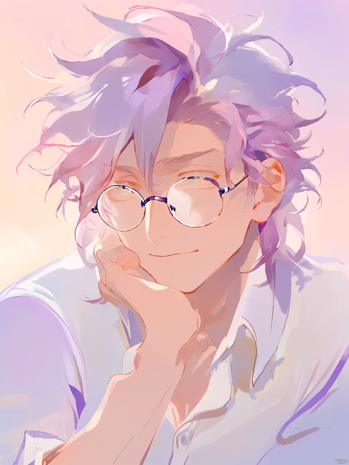 GYCH, 
A charming man with disheveled hair and round, acetate glasses. His eyes sparkled with mischief, and he wore a classic white button-down shirt with the sleeves rolled up. The background is a soft, pastel gradient of pink and lavender. The light was soft and dreamy, giving his face a slightly ethereal quality.