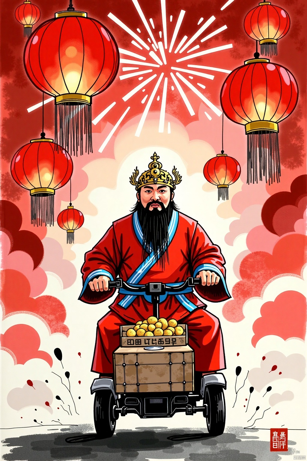 huaijiu,Ink Sketch,God of Wealth,Chinese Red,God of Wealth,General Guan Yu,Riding Electric Tricycle,Delivering New Year Goods,Celebration,lantern/lamp,Firecrackers,3/4 Perspective,Chinese Classical Portrait,Charcoal Painting,Charcoal_style,Dreamy,Realistic Effects,festive,Chinese Red,with Helmet,Joyous.,