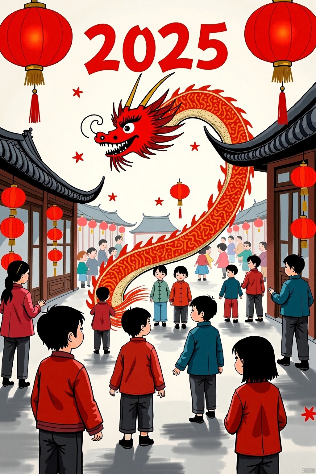 huaijiu,huaijiu,A charcoal graffiti artwork presented in hand drawn charcoal. The top of the screen is marked with a large number "2025" and small characters "Happy New Year",depicting the lively scene of Chinese New Year dragon dance. Surrounding them were various villagers and children dressed in simple Chinese traditional costumes,with cheerful expressions. Red lanterns are hung on the ceiling,adding to the festive atmosphere. The whole picture is full of joy and traditional atmosphere,with rich color layers and detailed descriptions showcasing smooth lines and elegant composition,giving people a fresh,low saturation,and heavy texture feeling,which is very eye-catching.,