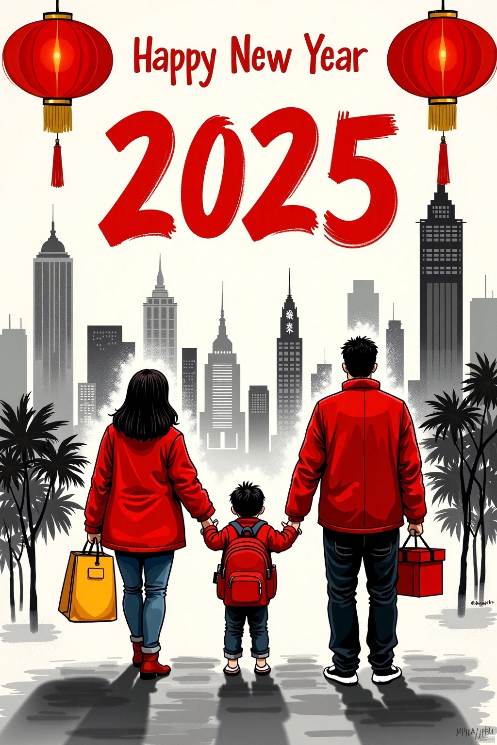 Charcoal_style,A charcoal graffiti illustration celebrating the New Year. Above it is written in large red characters "Happy New Year 2025". There are three characters in the picture, all wearing red jackets, exuding a festive atmosphere. The woman on the left is holding a yellow bag, the child in the middle is carrying a backpack and holding a red gift box, and the man on the right is also holding a red gift box. The background is several high-rise buildings outlined by charcoal graffiti, presenting a cityscape. There are red lanterns in the upper left and upper right corners of the picture, further enhancing the atmosphere of the New Year. The overall picture is filled with a sense of celebration and warmth.,huaijiu