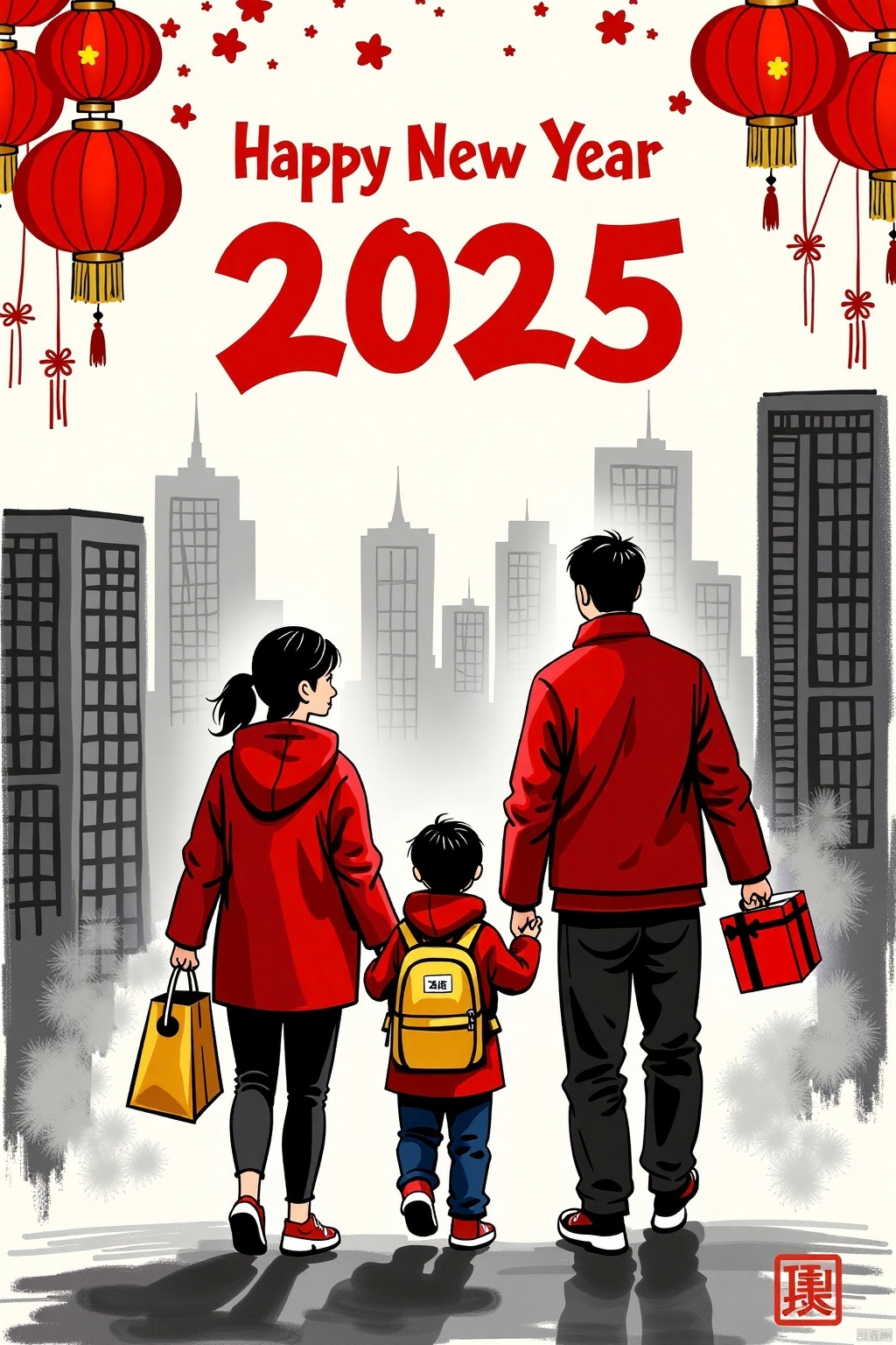 Charcoal_style,A charcoal graffiti illustration celebrating the New Year. Above it is written in large red characters "Happy New Year 2025". There are three characters in the picture, all wearing red jackets, exuding a festive atmosphere. The woman on the left is holding a yellow bag, the child in the middle is carrying a backpack and holding a red gift box, and the man on the right is also holding a red gift box. The background is several high-rise buildings outlined by charcoal graffiti, presenting a cityscape. There are red lanterns in the upper left and upper right corners of the picture, further enhancing the atmosphere of the New Year. The overall picture is filled with a sense of celebration and warmth.,huaijiu