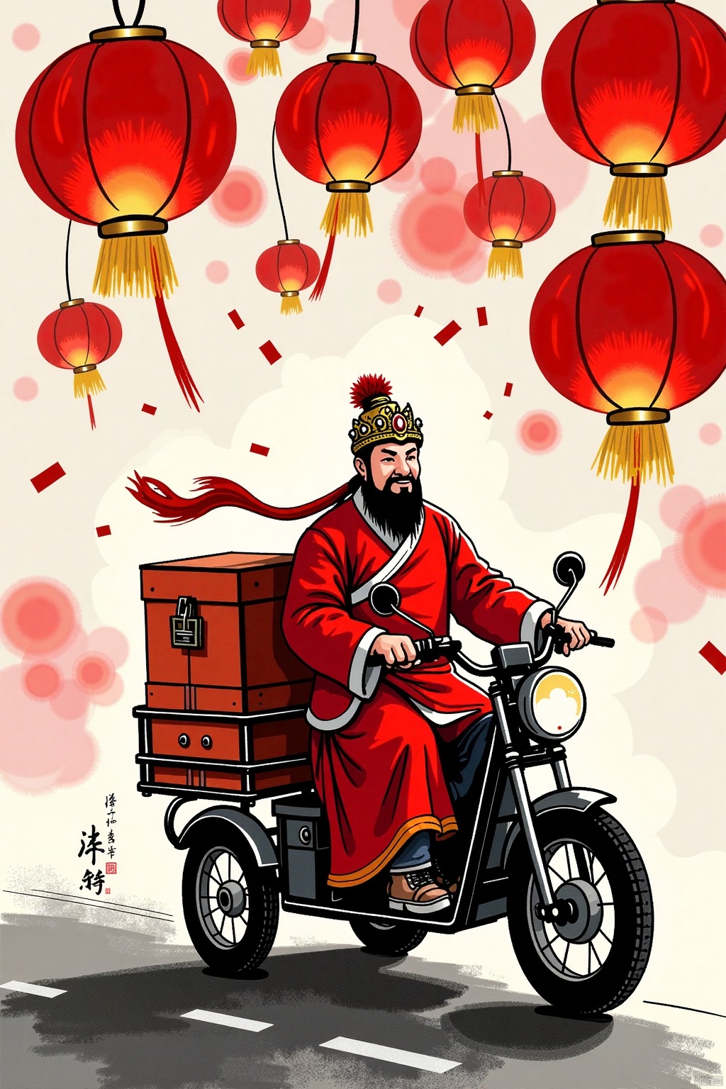 huaijiu,Ink Sketch,God of Wealth,Chinese Red,God of Wealth,General Guan Yu,Riding Electric Tricycle,Delivering New Year Goods,Celebration,lantern/lamp,Firecrackers,3/4 Perspective,Chinese Classical Portrait,Charcoal Painting,Charcoal_style,Dreamy,Realistic Effects,festive,Chinese Red,with Helmet,Joyous.,