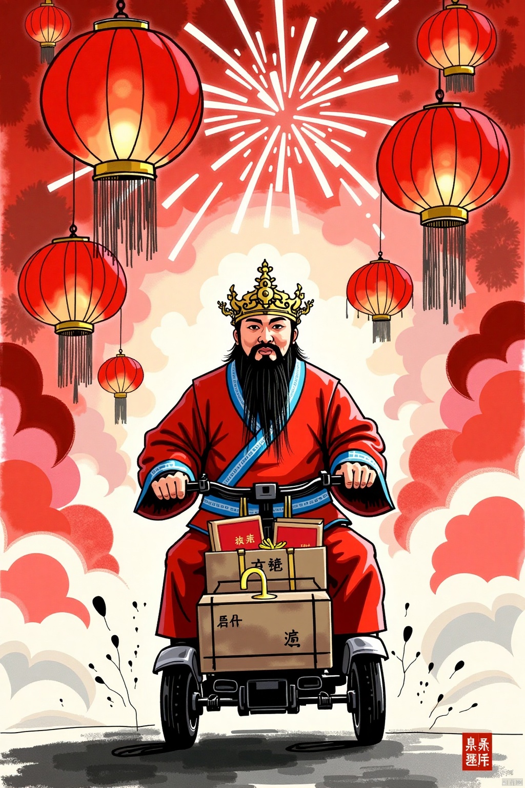 huaijiu,Ink Sketch,God of Wealth,Chinese Red,God of Wealth,General Guan Yu,Riding Electric Tricycle,Delivering New Year Goods,Celebration,lantern/lamp,Firecrackers,3/4 Perspective,Chinese Classical Portrait,Charcoal Painting,Charcoal_style,Dreamy,Realistic Effects,festive,Chinese Red,with Helmet,Joyous.,