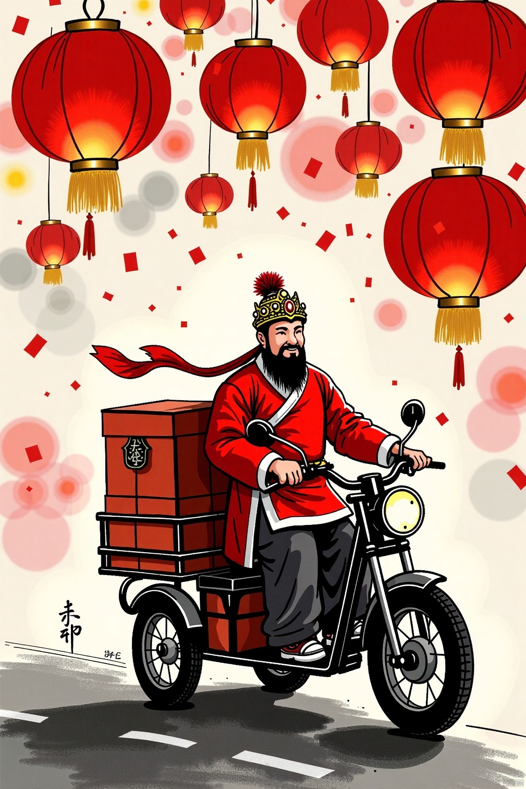 huaijiu,Ink Sketch,God of Wealth,Chinese Red,God of Wealth,General Guan Yu,Riding Electric Tricycle,Delivering New Year Goods,Celebration,lantern/lamp,Firecrackers,3/4 Perspective,Chinese Classical Portrait,Charcoal Painting,Charcoal_style,Dreamy,Realistic Effects,festive,Chinese Red,with Helmet,Joyous.,