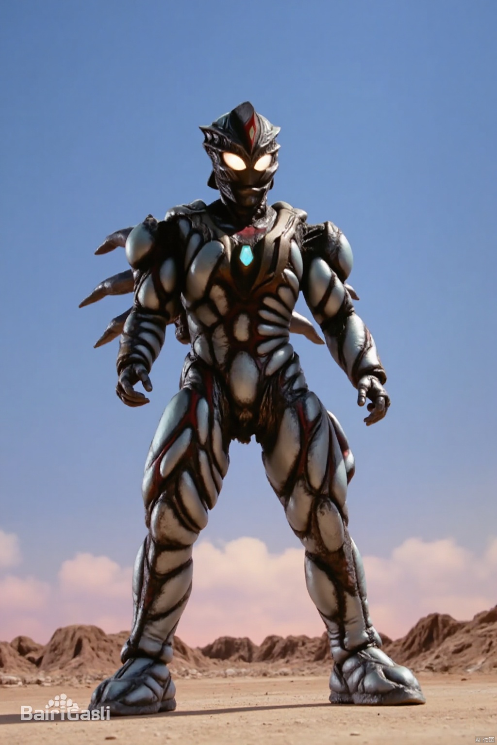 ultraman,wings,gem,muscular,kaijuu,monster,mecha,robot,breastplate,armor,shoulder armor,gauntlets,cover,mask,helmet,armor,solo,weapon,armor