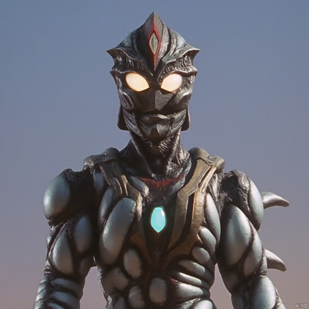 ultraman,wings,gem,muscular,kaijuu,monster,mecha,robot,breastplate,armor,shoulder armor,gauntlets,cover,mask,helmet,armor,solo,weapon,armor