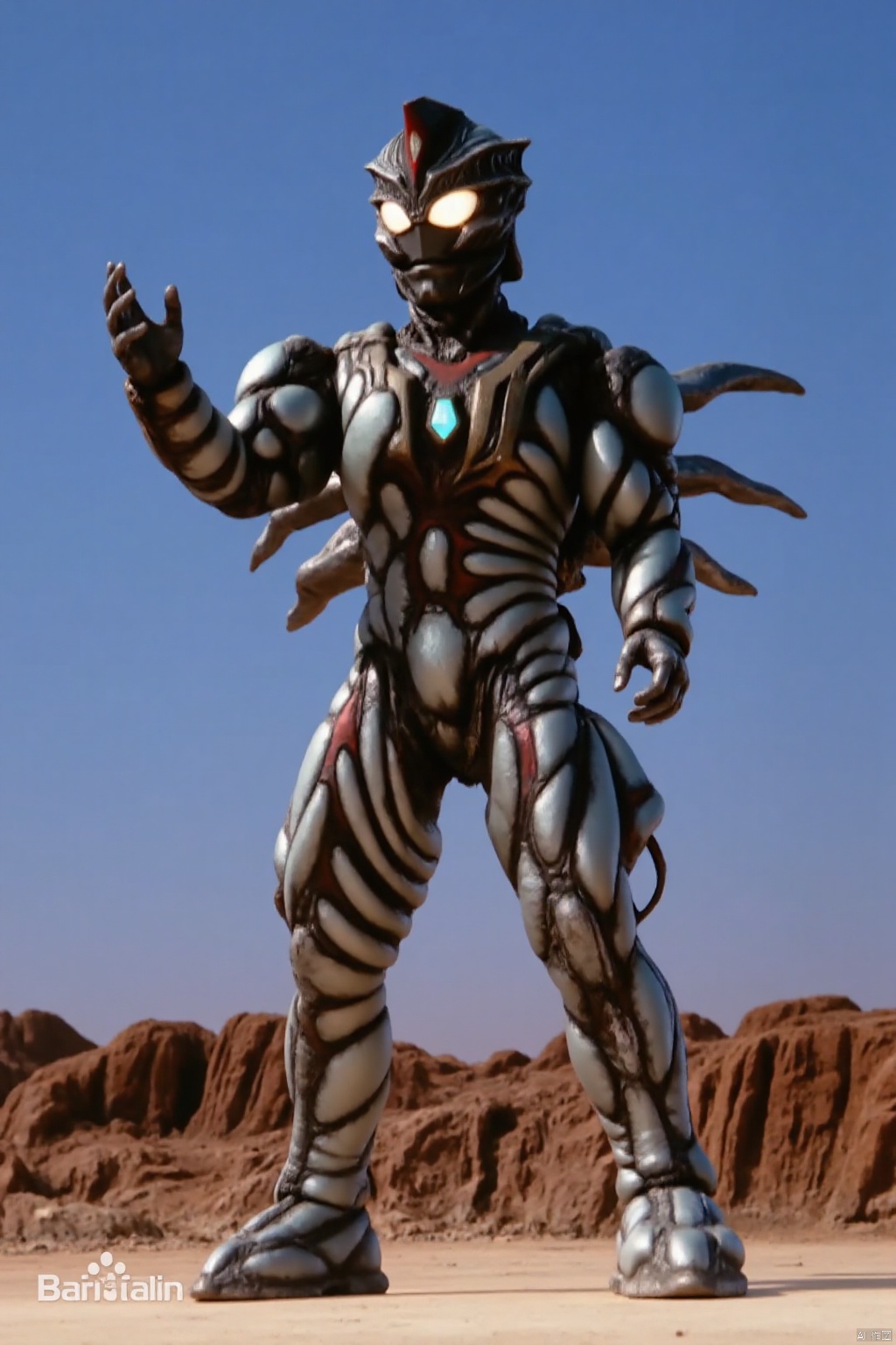 ultraman,wings,gem,muscular,kaijuu,monster,mecha,robot,breastplate,armor,shoulder armor,gauntlets,cover,mask,helmet,armor,solo,weapon,armor