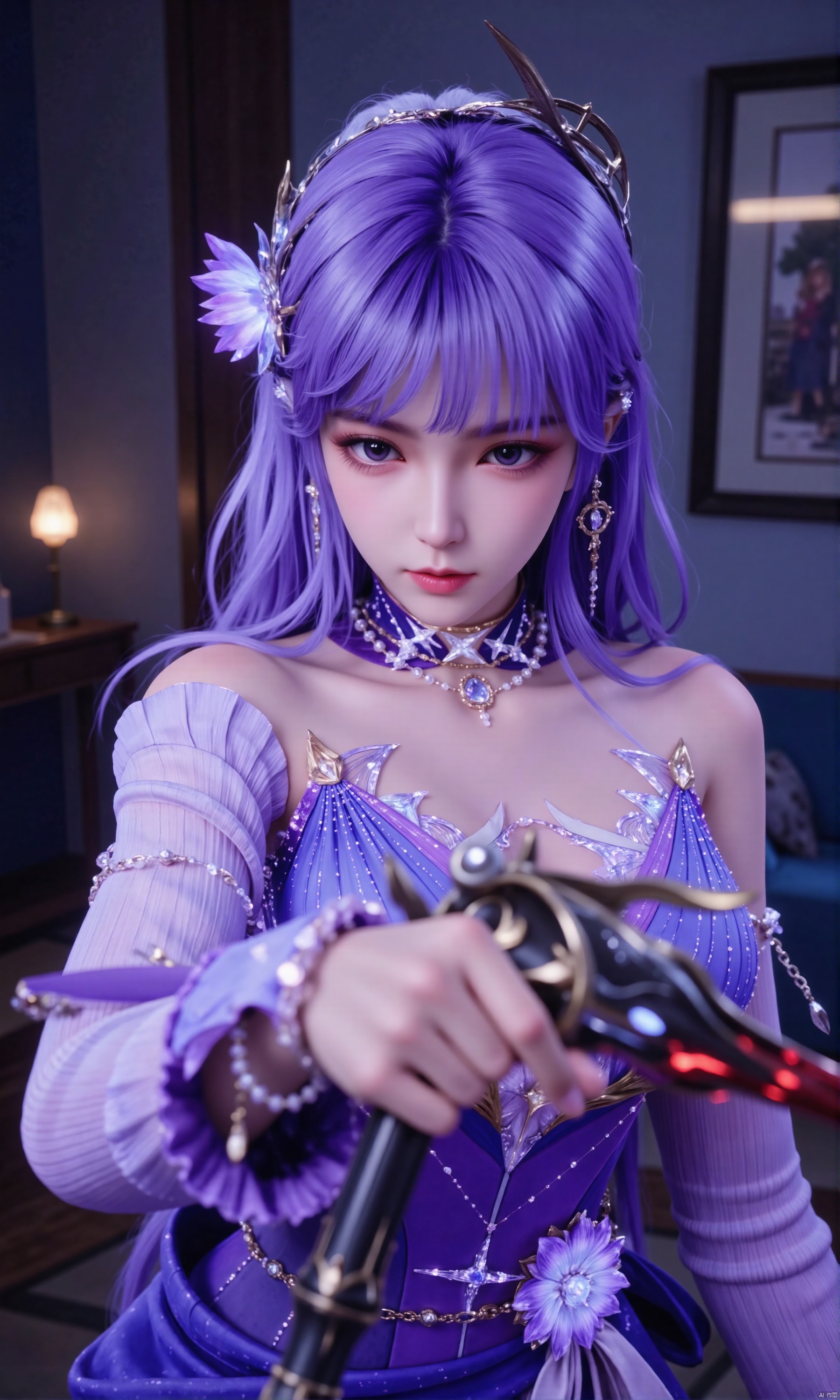 The image is a close-up portrait of a young woman with purple hair and a fierce expression on her face
She is wearing a purple and gold outfit with intricate details and jewelry
The outfit has a high neckline and long sleeves, and the woman is holding a sword with a red and black blade
The background is dark and blurred, making the woman and the sword the focal point of the image
The woman appears to be in a fantasy or sci-fi setting, with a dark and mysterious atmosphere.