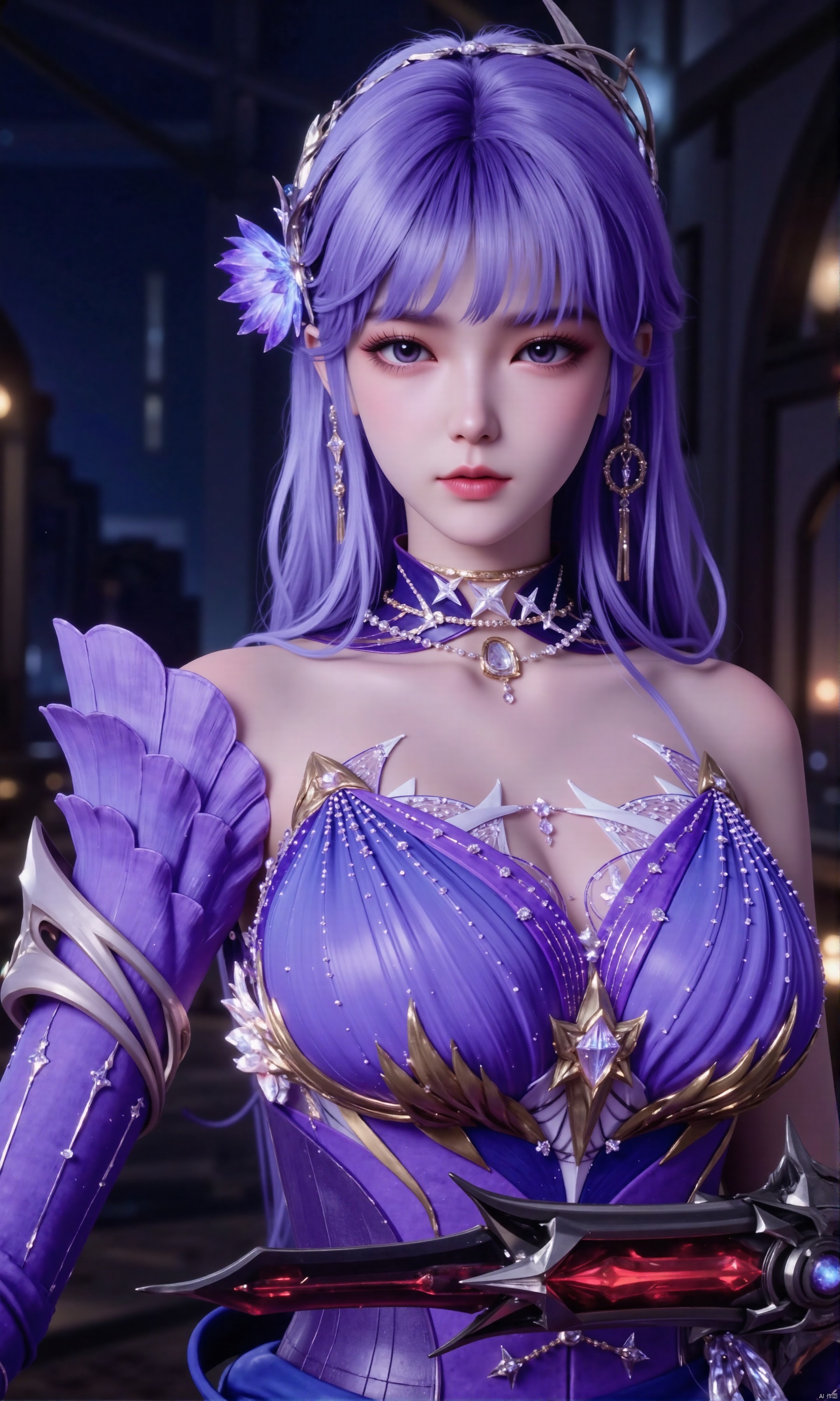 The image is a close-up portrait of a young woman with purple hair and a fierce expression on her face
She is wearing a purple and gold outfit with intricate details and jewelry
The outfit has a high neckline and long sleeves, and the woman is holding a sword with a red and black blade
The background is dark and blurred, making the woman and the sword the focal point of the image
The woman appears to be in a fantasy or sci-fi setting, with a dark and mysterious atmosphere.