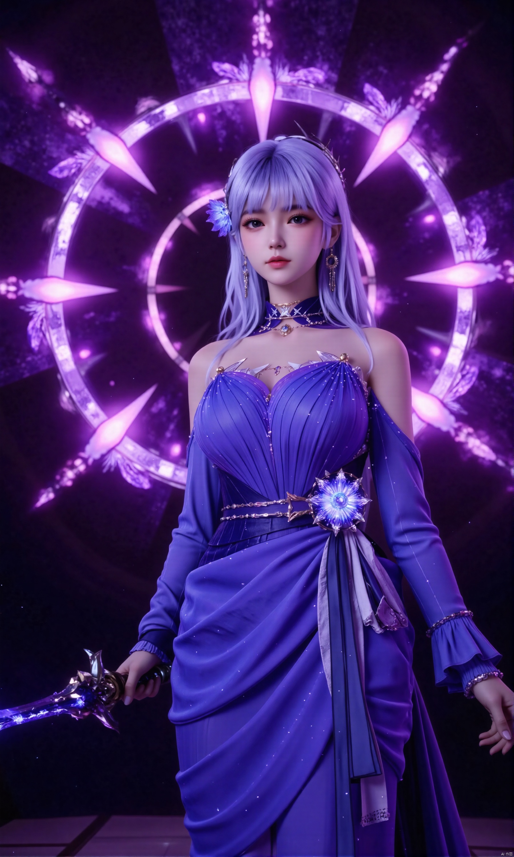 he image shows a woman standing in front of a large circular vortex
The woman is wearing a long, flowing blue dress with a high neckline and long sleeves
She has blonde hair styled in a sleek bob and is holding a sword in her right hand
The vortex is made up of purple and pink lights, creating a magical and mystical atmosphere
The background is black, making the woman and the vortex stand out even more
The overall mood of the image is dark and mysterious.