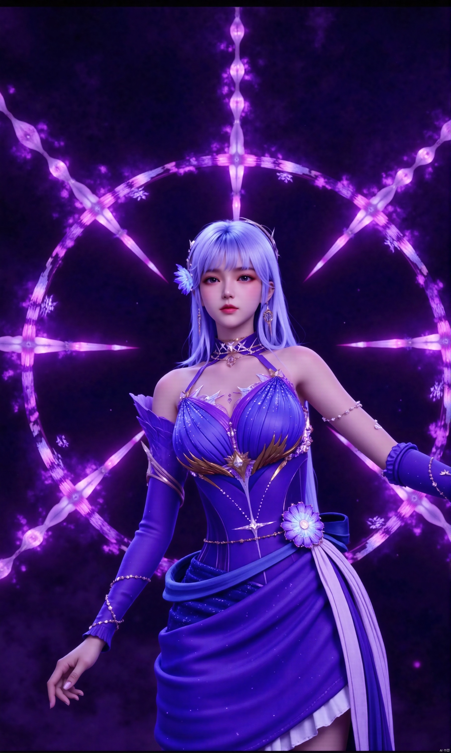 The image shows a female character from the video game League of Legends
She is wearing a blue and purple outfit with a high neckline and long sleeves
Her hair is styled in a sleek bob and she is holding a large purple circle in her hands
The circle is made up of multiple strands of purple and pink lights, creating a magical and mystical atmosphere
The background is black, making the purple lights stand out even more
The character appears to be in the middle of a performance, with her arms stretched out to the sides and her head tilted back.
