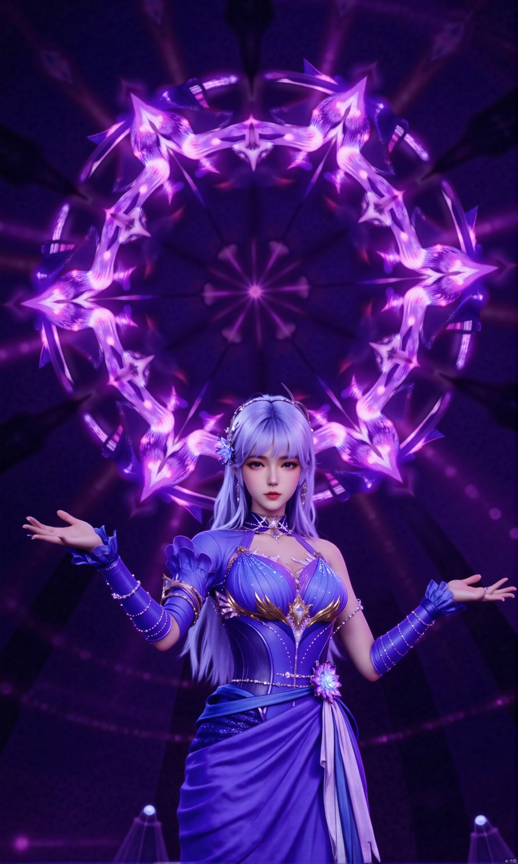 The image shows a female character from the video game League of Legends
She is wearing a blue and purple outfit with a high neckline and long sleeves
Her hair is styled in a sleek bob and she is holding a large purple circle in her hands
The circle is made up of multiple strands of purple and pink lights, creating a magical and mystical atmosphere
The background is black, making the purple lights stand out even more
The character appears to be in the middle of a performance, with her arms stretched out to the sides and her head tilted back.