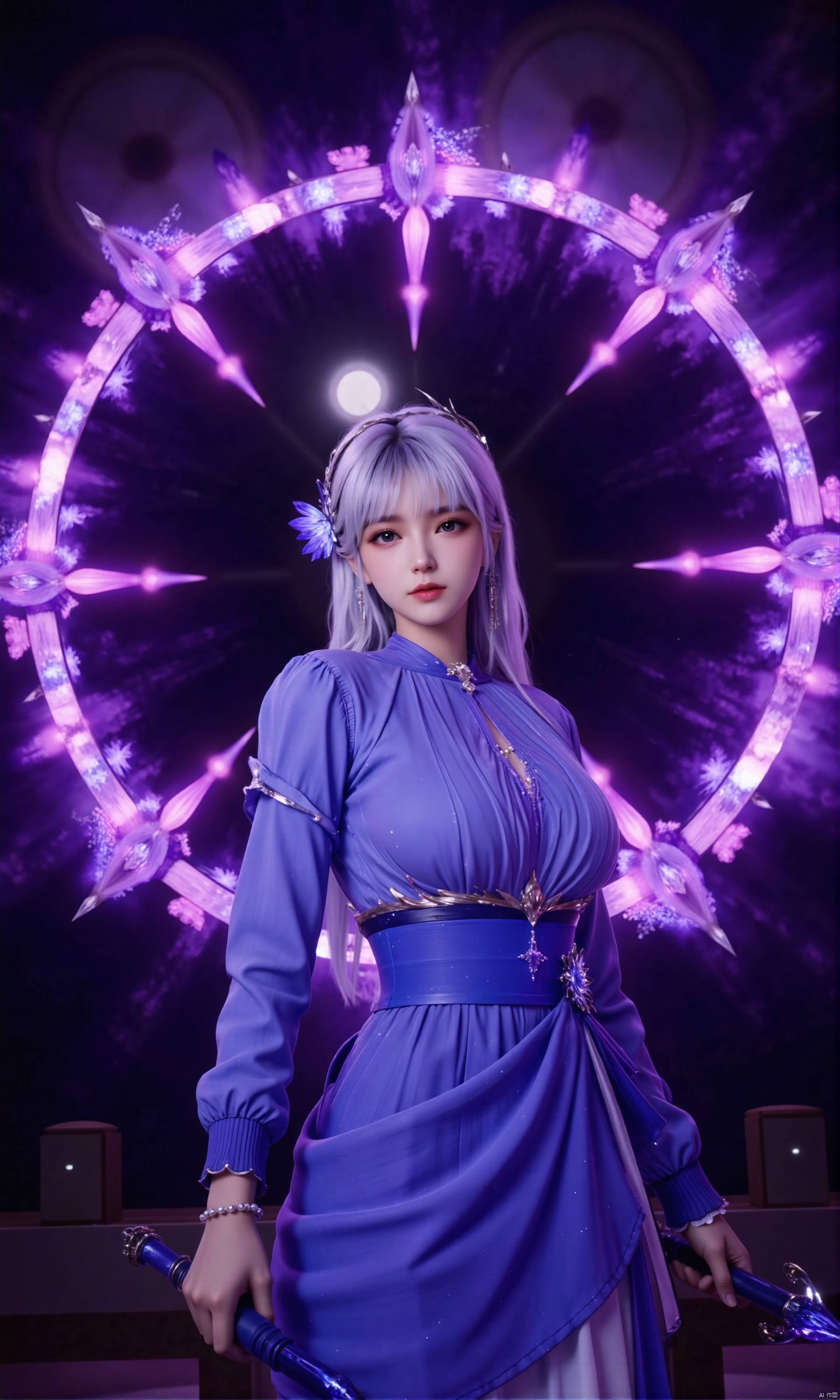 he image shows a woman standing in front of a large circular vortex
The woman is wearing a long, flowing blue dress with a high neckline and long sleeves
She has blonde hair styled in a sleek bob and is holding a sword in her right hand
The vortex is made up of purple and pink lights, creating a magical and mystical atmosphere
The background is black, making the woman and the vortex stand out even more
The overall mood of the image is dark and mysterious.