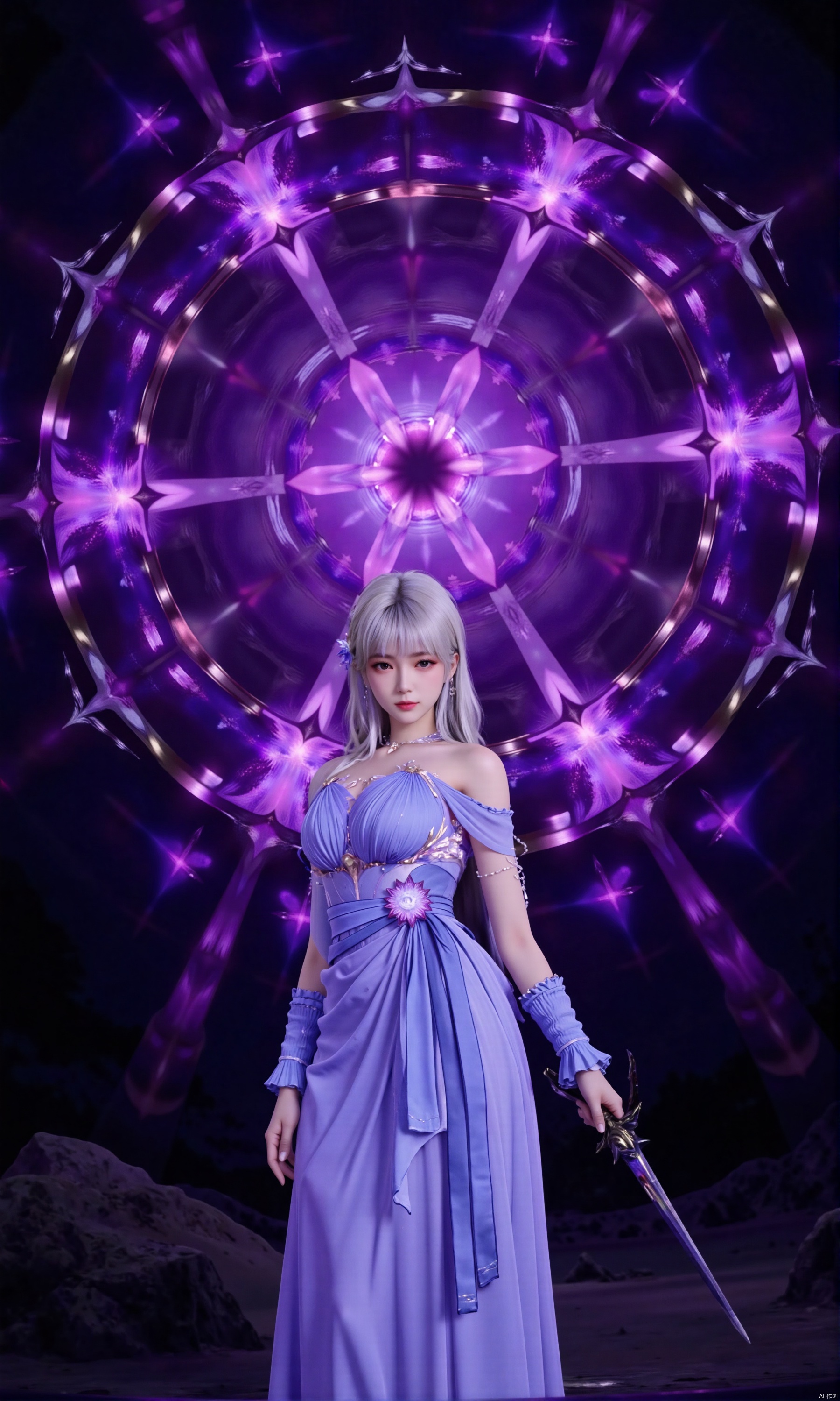 he image shows a woman standing in front of a large circular vortex
The woman is wearing a long, flowing blue dress with a high neckline and long sleeves
She has blonde hair styled in a sleek bob and is holding a sword in her right hand
The vortex is made up of purple and pink lights, creating a magical and mystical atmosphere
The background is black, making the woman and the vortex stand out even more
The overall mood of the image is dark and mysterious.