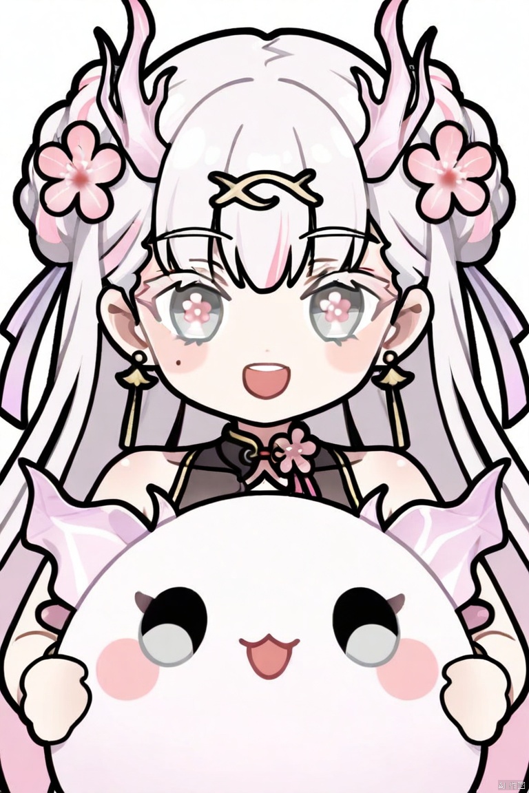 1girl, solo, long hair, looking at viewer, smile, open mouth, hair ornament, white background, jewelry, pink hair, flower, white hair, heart, multicolored hair, earrings, horns, virtual youtuber, hair flower, chibi, mole, grey eyes, mole under eye, flower in eye,hair bun,