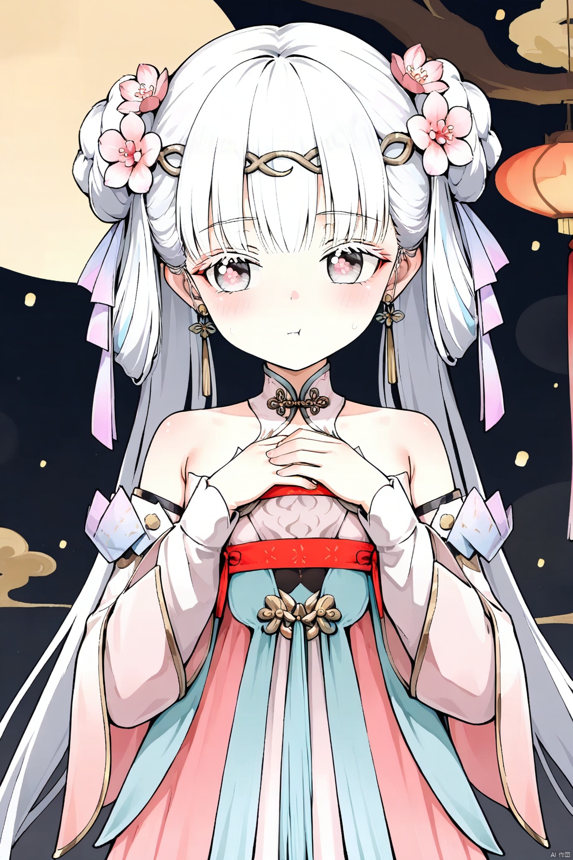 1girl, solo, long hair, bangs, hair ornament, standing, white hair, detached sleeves, white and pink dress,  twintails,off shoulder, hair flower ,tassel,jinhsi,loli,flower in eye,hair bun,