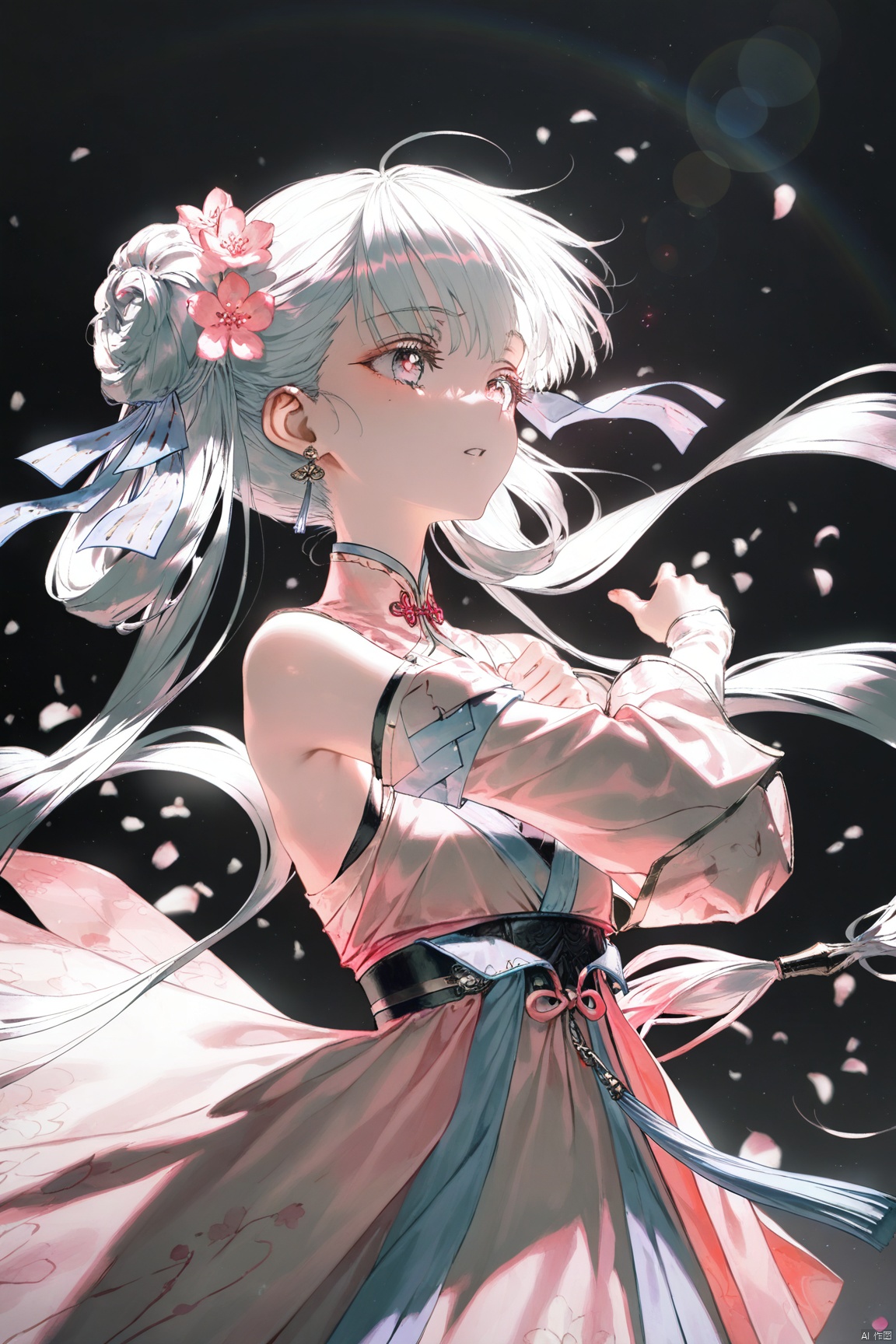 1girl, solo, long hair, bangs, hair ornament, standing, white hair, detached sleeves, white and pink dress,  twintails,off shoulder, hair flower ,tassel,jinhsi,loli,flower in eye,hair bun, depth of field, light particles, lens flare, (artist:quasarcake:0.8),extreme aesthetic,(wlop:0.6), wanke,rella,wanke,masterpiece,best quality,good quality,newest ,year 2024, year 2023, very aesthetic,absurdres,Visual impact, A shot with tension, ultra-high resolution,32K UHD,sharp focus,best quality,masterpiece,Emotionalization masterpiece, unconventional supreme,masterful details,with a high end texture,in the style of fashion photography, (Visual impact:1.2),giving the poster a dynamic and visually striking appearance,impactful picture,offcial art,colorful ,splash of color, movie perspective, masterpiece,best quality,amazing quality,very aesthetic,absurdres,best quality,newest,