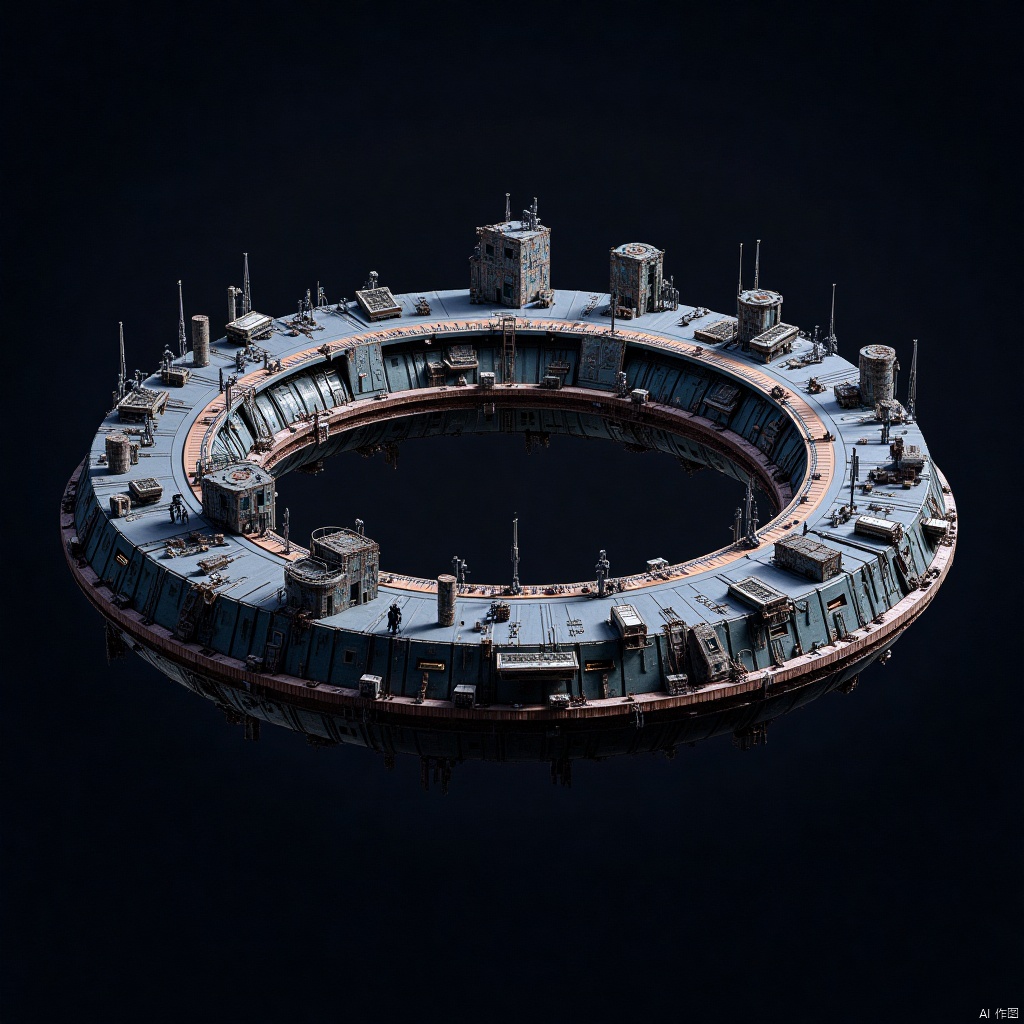 floating in the dark space, Ring-shaped ecological colonization ship, Space wreckage, Abandoned habitat, Solar panels, Rusting hull, Mechanical fragments, Propulsion units, Communication arrays, Habitation modules, Desolate landscape, Cosmic graveyard,Chip Electronic City