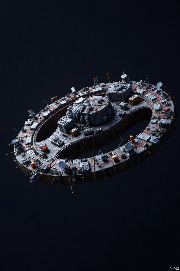 floating in the dark space, Ring-shaped ecological colonization ship, Space wreckage, Abandoned habitat, Solar panels, Rusting hull, Mechanical fragments, Propulsion units, Communication arrays, Habitation modules, Desolate landscape, Cosmic graveyard,