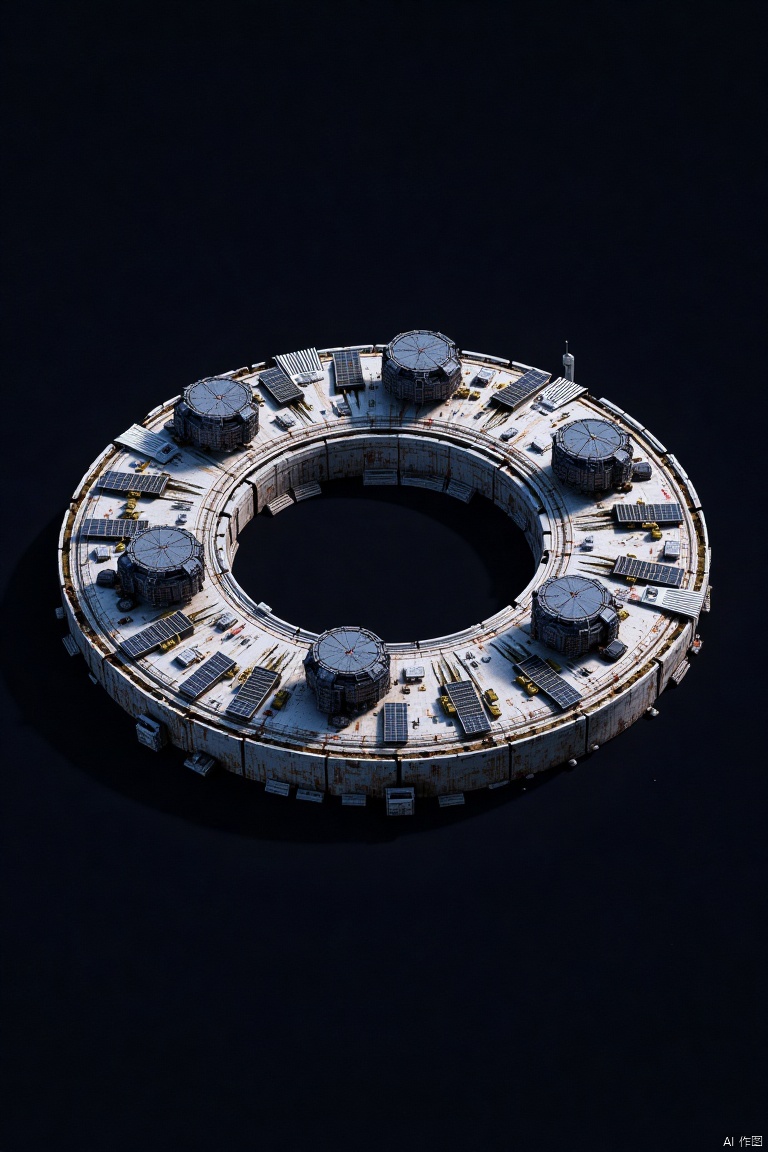 floating in the dark space, Ring-shaped ecological colonization ship, Space wreckage, Abandoned habitat, Solar panels, Rusting hull, Mechanical fragments, Propulsion units, Communication arrays, Habitation modules, Desolate landscape, Cosmic graveyard,