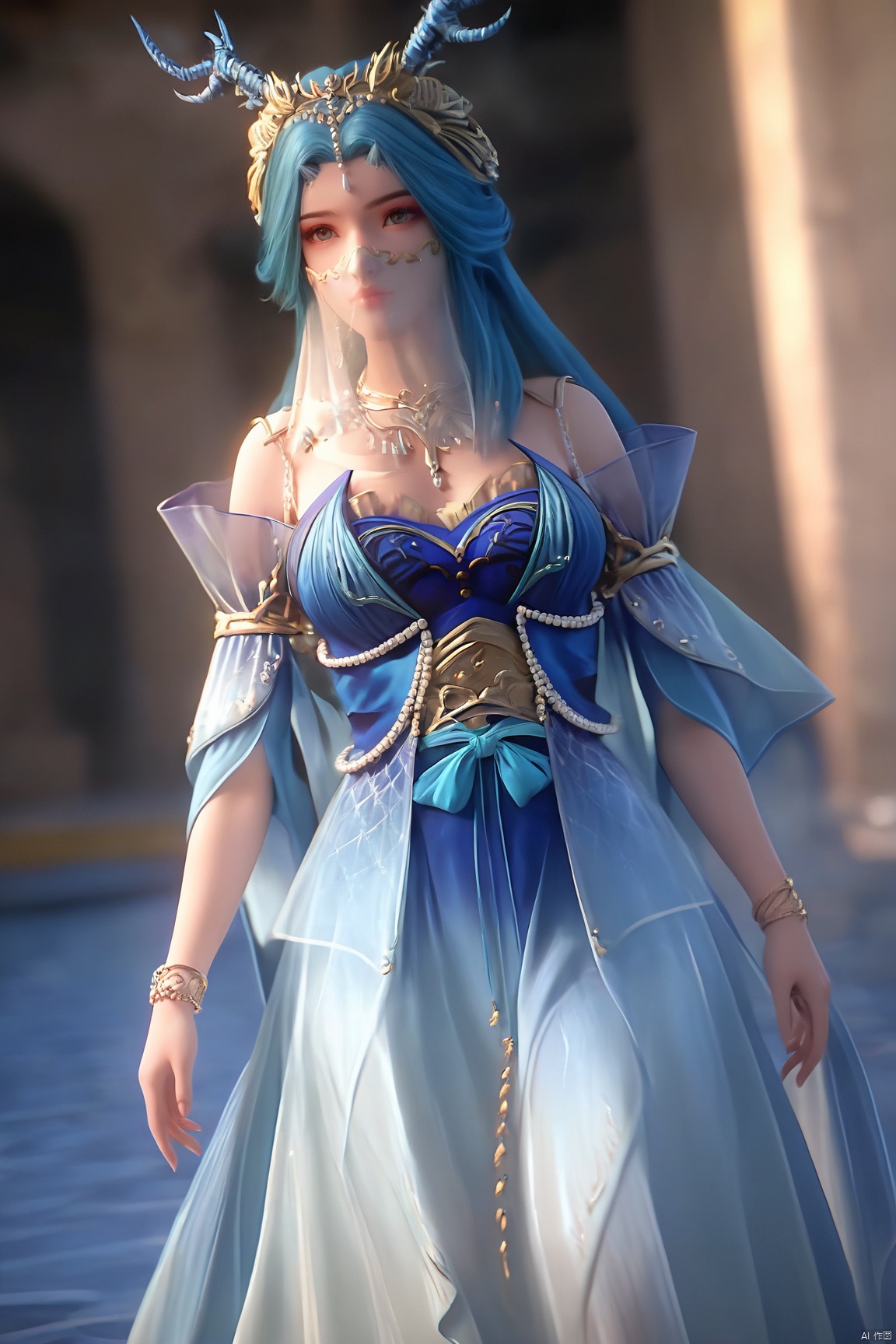 score_9_up,score_8_up,score_7_up,(Masterpiece, Best Quality, High Resolution, 8K Raw),absurdres, highres, Expressiveh, 
1girl, solo, long hair, hair ornament, dress, jewelry, blue hair, standing, necklace, bracelet, see-through, blue dress, veil, mouth veil