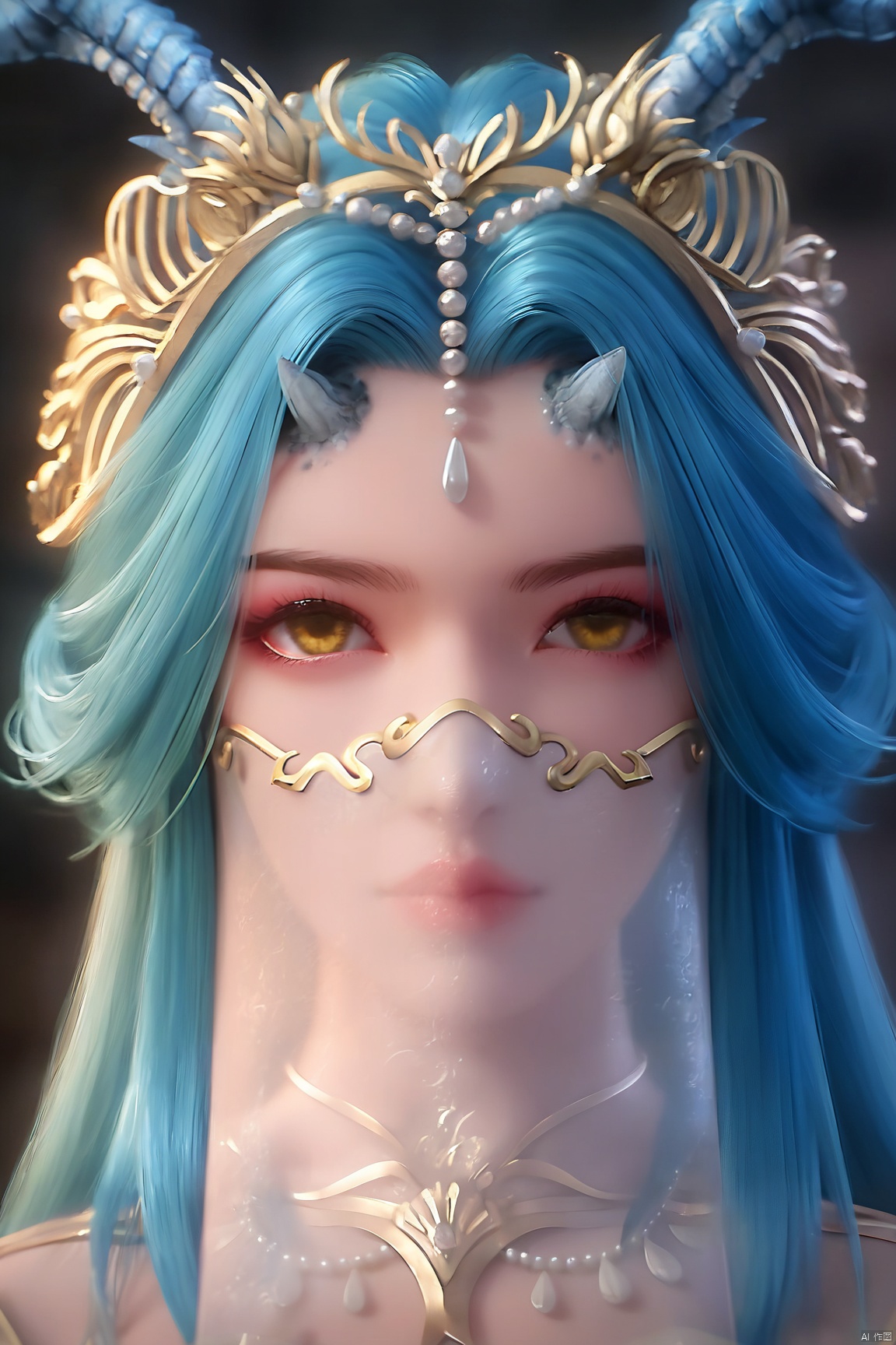 score_9_up,score_8_up,score_7_up,(Masterpiece, Best Quality, High Resolution, 8K Raw),absurdres, highres, Expressiveh, 
1girl, solo, long hair, looking at viewer, jewelry, closed mouth, blue hair, yellow eyes, horns, lips, makeup, portrait, veil, forehead, realistic, mouth veil