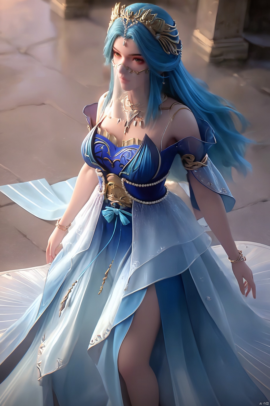 score_9_up,score_8_up,score_7_up,(Masterpiece, Best Quality, High Resolution, 8K Raw),absurdres, highres, Expressiveh, 
1girl, solo, long hair, hair ornament, dress, jewelry, blue hair, standing, necklace, bracelet, see-through, blue dress, veil, mouth veil