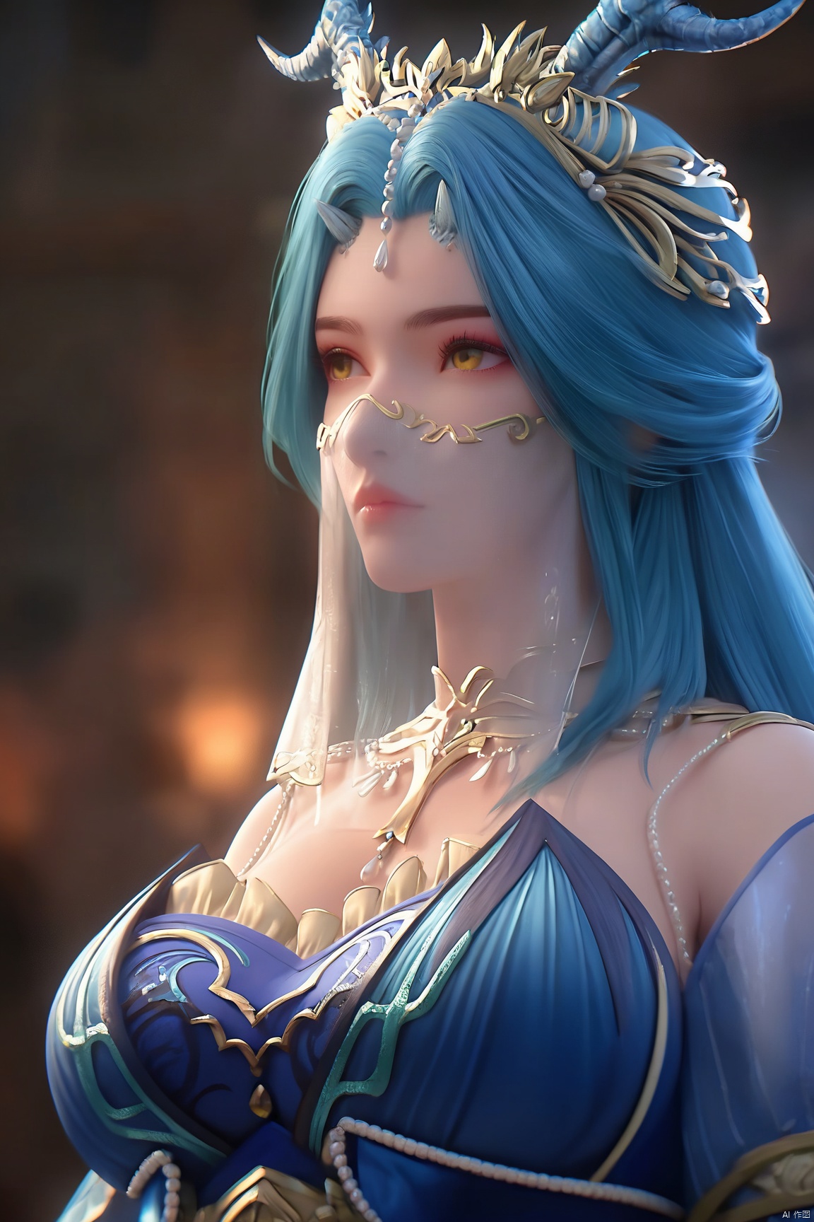score_9_up,score_8_up,score_7_up,(Masterpiece, Best Quality, High Resolution, 8K Raw),absurdres, highres, Expressiveh, 
1girl, solo, long hair, breasts, large breasts, hair ornament, dress, cleavage, bare shoulders, jewelry, blue hair, yellow eyes, upper body, horns, looking to the side, blurry background, blue dress, tiara, veil