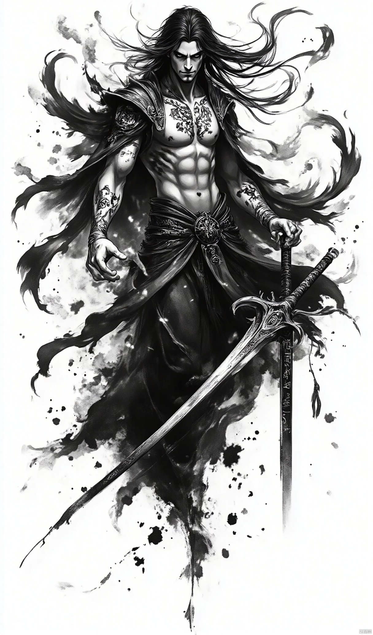 In a half-body portrait,the vampire's body leans slightly forward,his eyes tightly fixed on the front,as if searching for prey. His long hair flutters in the wind,and his tattered cloak sways with the breeze,revealing glowing tattoos. These tattoos form eerie images on his skin,**** cursed symbols. One of his hands clutches an ancient sword,the blade of which is engraved with mysterious runes,exuding an ominous aura.,