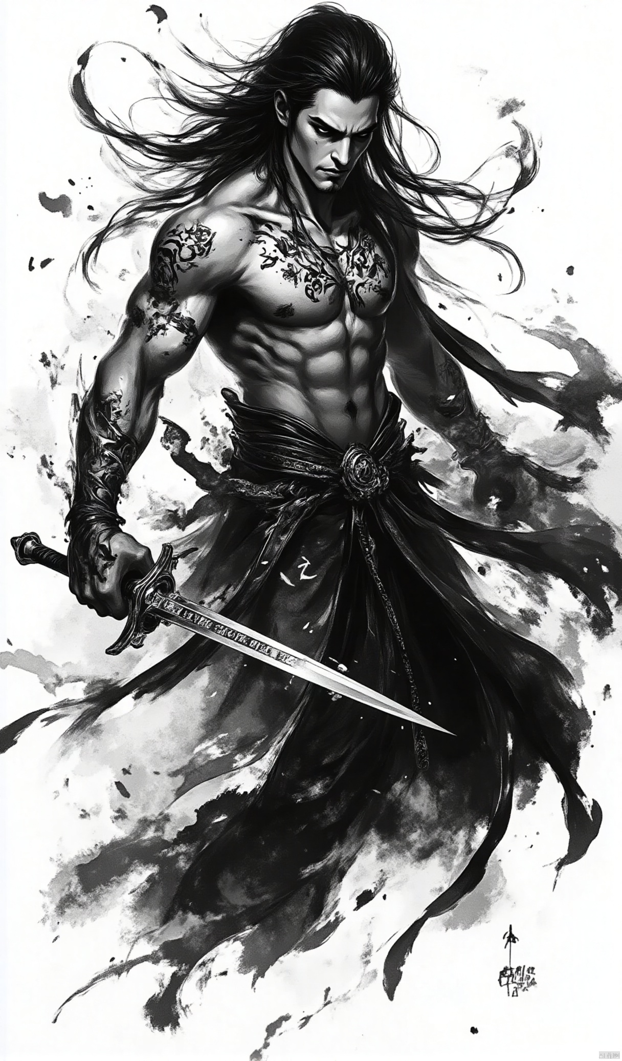 In a half-body portrait,the vampire's body leans slightly forward,his eyes tightly fixed on the front,as if searching for prey. His long hair flutters in the wind,and his tattered cloak sways with the breeze,revealing glowing tattoos. These tattoos form eerie images on his skin,**** cursed symbols. One of his hands clutches an ancient sword,the blade of which is engraved with mysterious runes,exuding an ominous aura.,