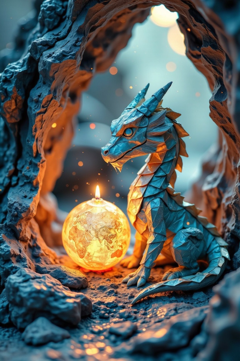 Paper Origami A wise origami dragon crafted from intricately folded metallic blue and silver paper coils around a glowing...