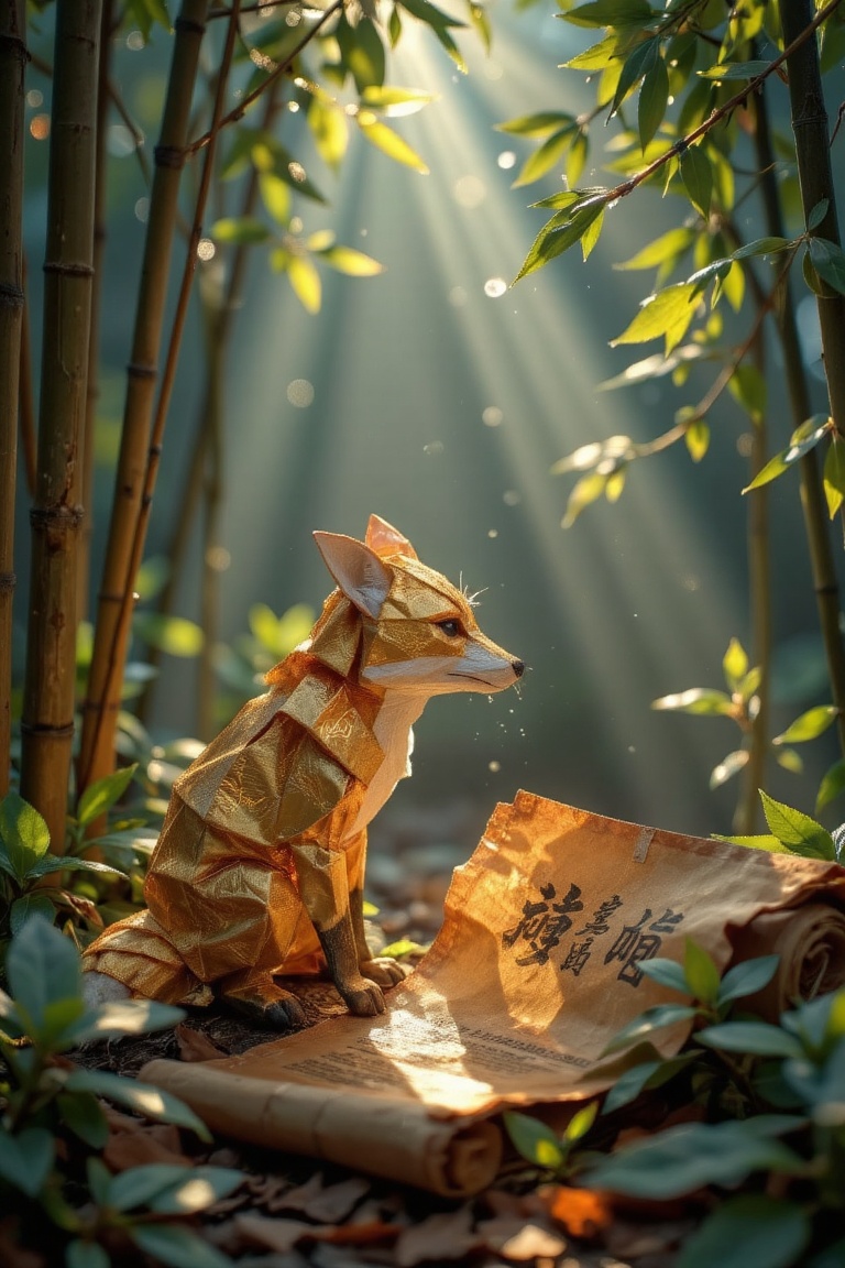Paper Origami A magical origami fox,  folded from ancient gilded paper with intricate patterns,  curiously nudges open an...