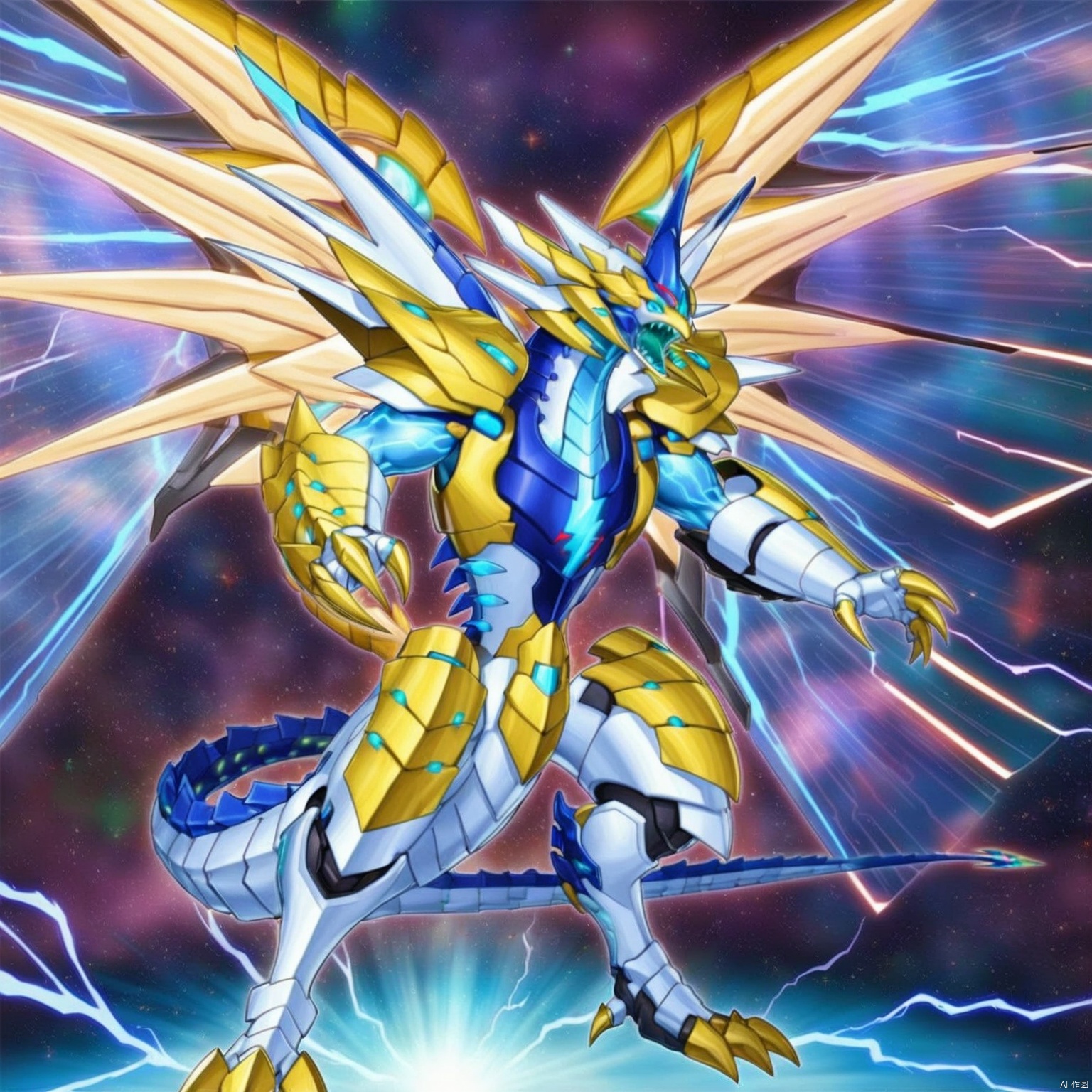 (((1 dragon))),(((solo))),(galaxy),universe background,white and blue armoured dragon,Sci Fi Armor,galaxy in eyes,blue_eyes,cool and stunning,(((full body))),The body contour is slightly shiny,blue and white body,(((huge wings))),blue light tattoo,Halduron Brightwing,green x-wing,white armor,Mech Dragon,masterpiece,bestquality,roaring,sharp claws,onnk,line style,(((no_human))),mechanical dragon,(blue lightning),silver rhombus,