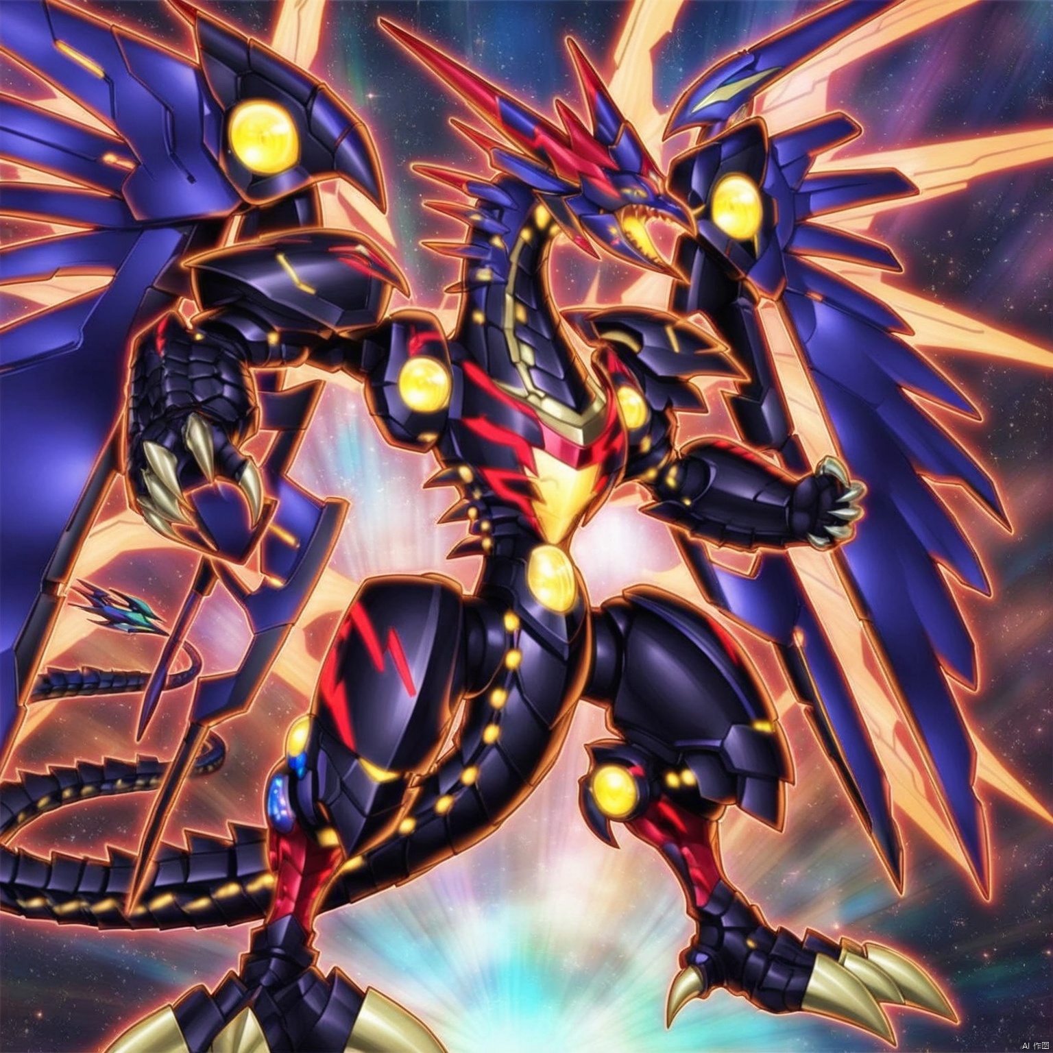 (((1 dragon))),(((solo))),(galaxy),universe background,black and red armoured dragon,Sci Fi Armor,galaxy in eyes,yellow_eyes,cool and stunning,(((full body))),The body contour is slightly shiny,black body,(((huge dragon wings))),red light tattoo,Halduron Brightwing,pulple x-wing,black armor,Mech Dragon,masterpiece,bestquality,roaring,sharp claws,onnk,line style,(((no_human))),mechanical dragon,(red lightning),rhombus,